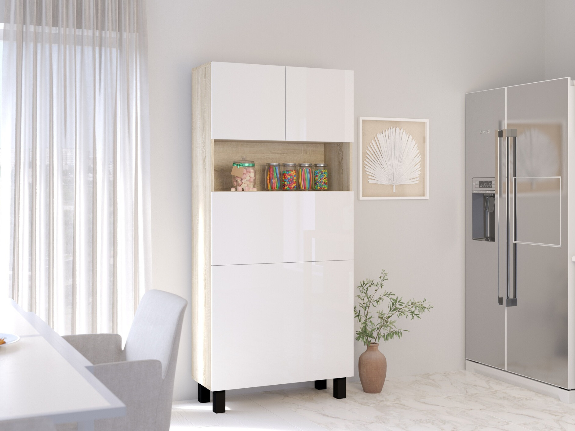 Polica Buffalo 145 (Sjajno bijela + Sonoma hrast)