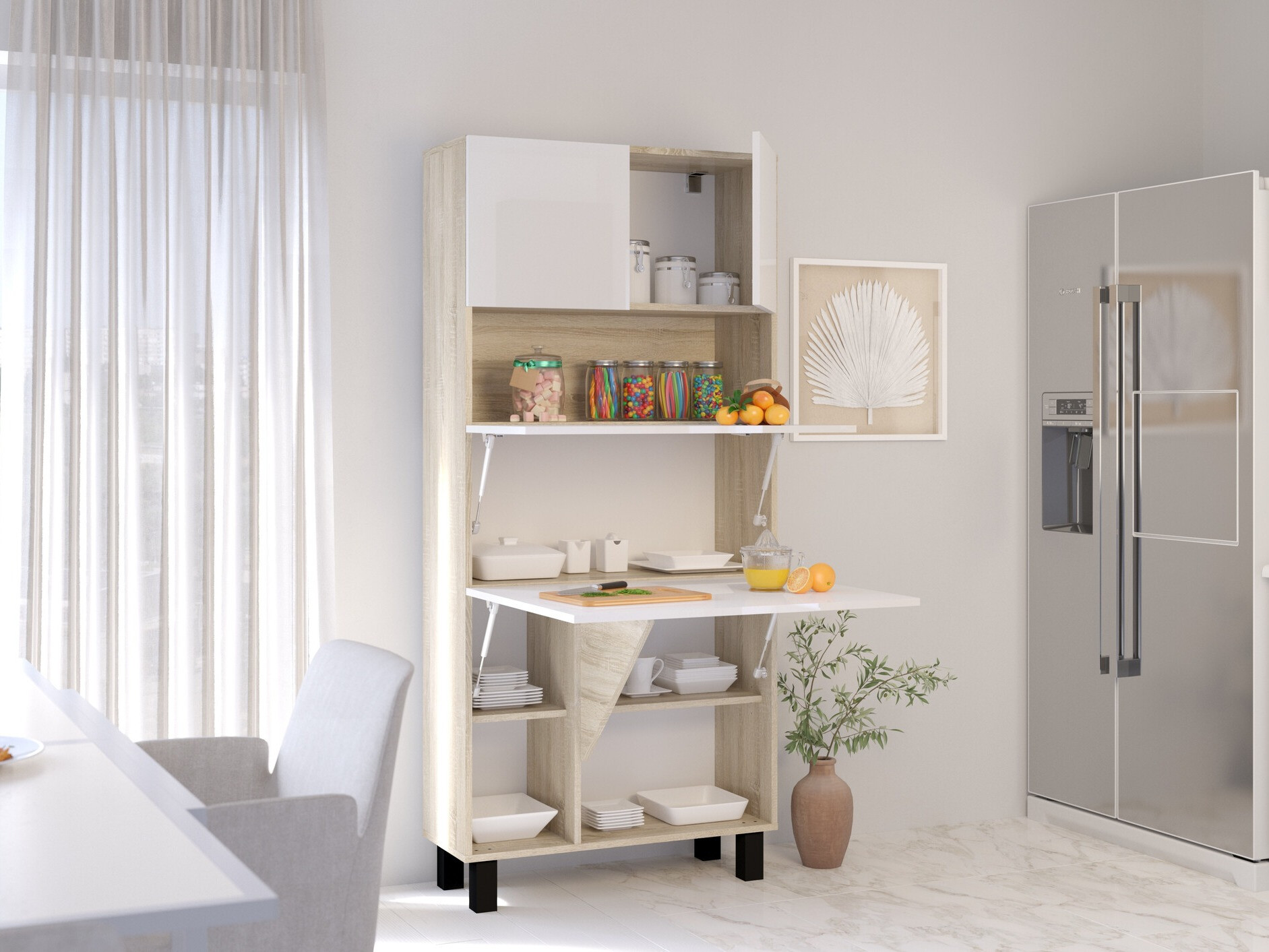 Polica Buffalo 145 (Sjajno bijela + Sonoma hrast)