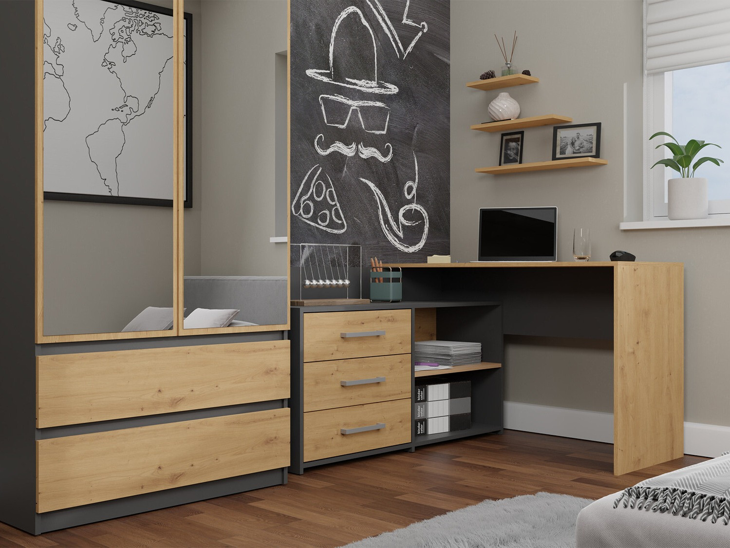 Kutni uredski stol Mandeville 131 (Antracit + Hrast Artisan)