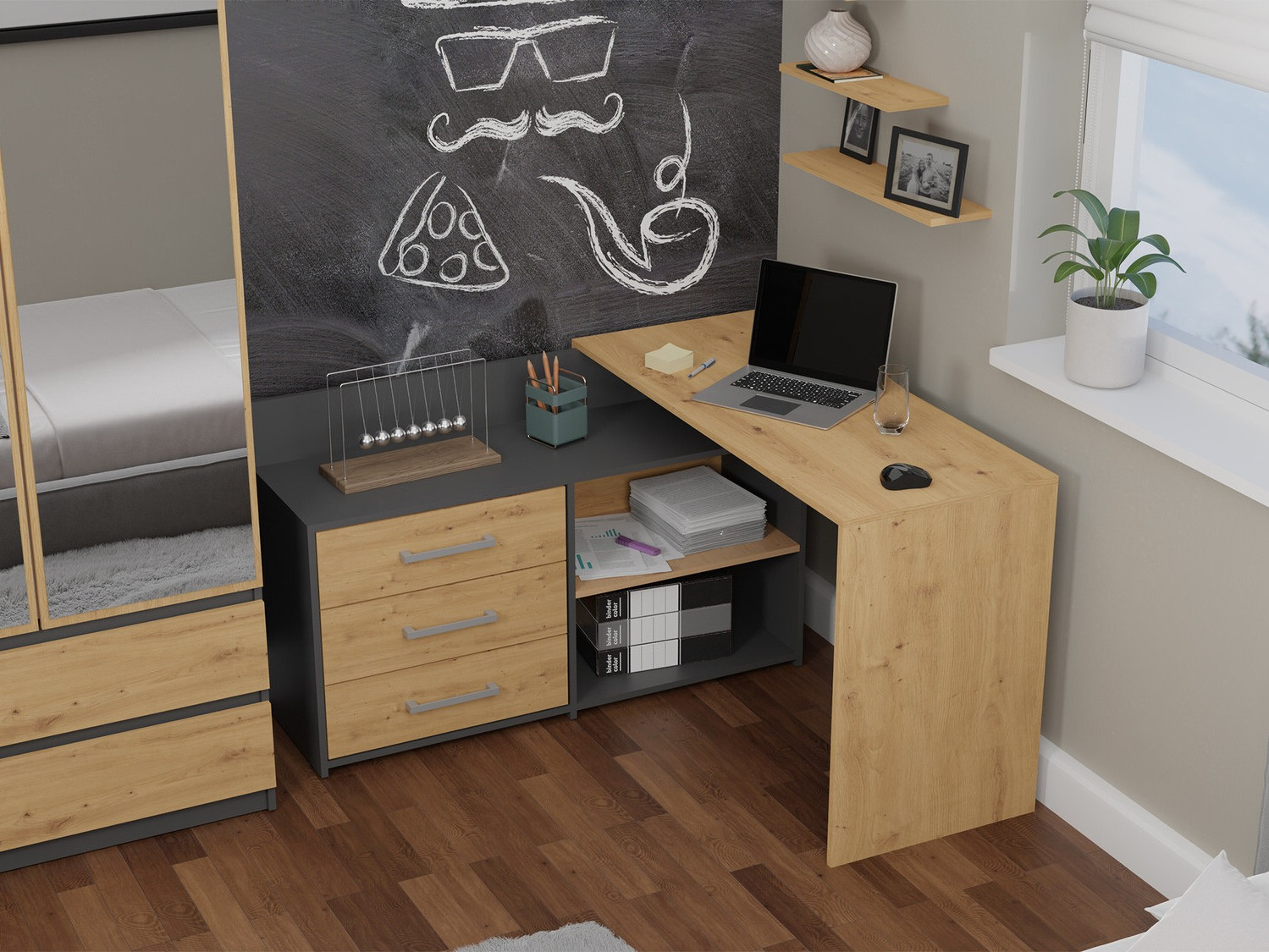 Kutni uredski stol Mandeville 131 (Antracit + Hrast Artisan)