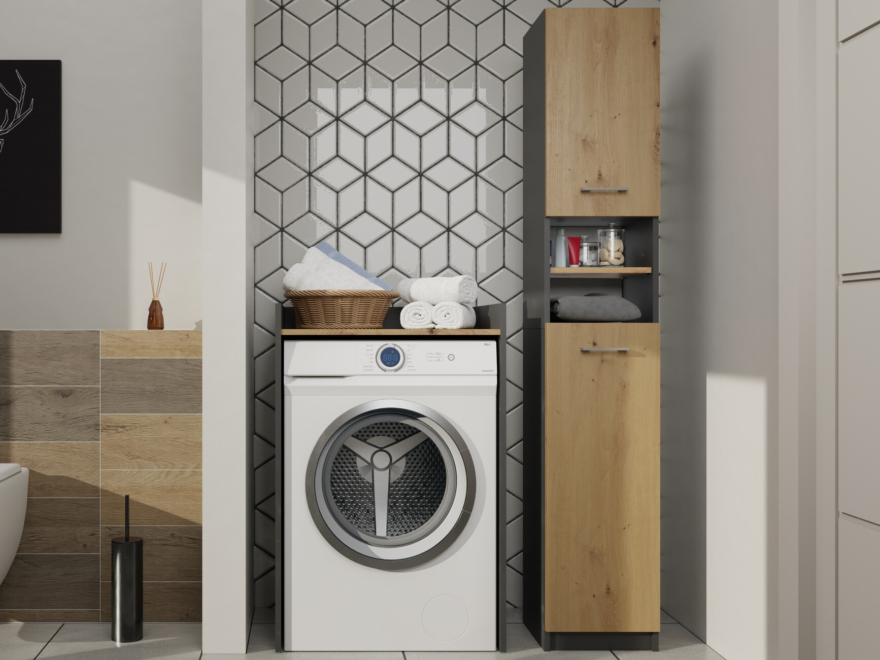 Samostojeći kupaonski ormarić Mandeville 152 (Antracit + Hrast Artisan)