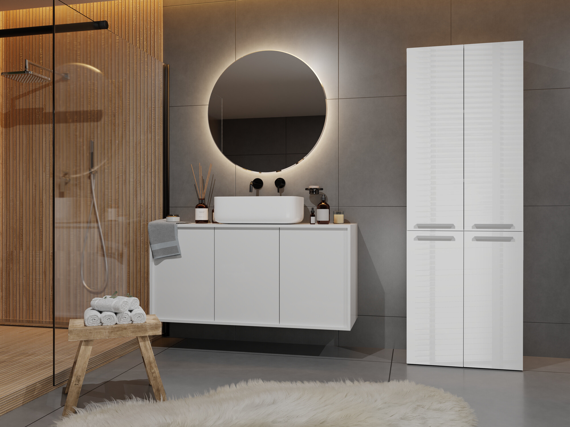 Samostojeći kupaonski ormarić Nolmaru 100 (Bijela + Sjajno bijela)