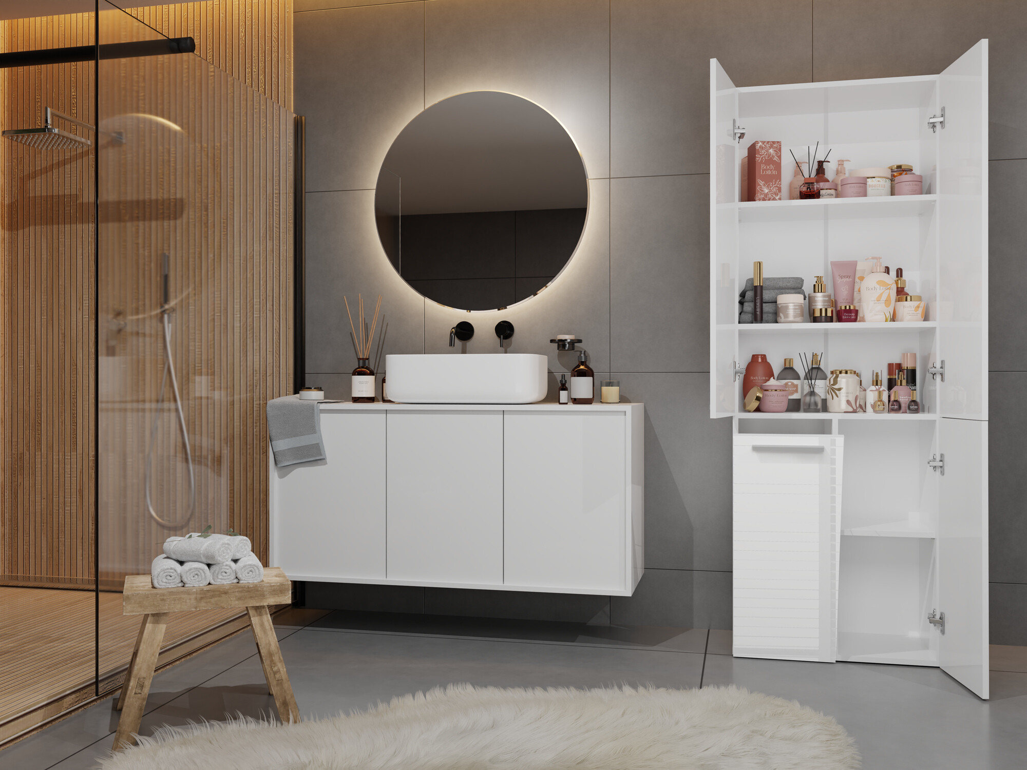 Samostojeći kupaonski ormarić Nolmaru 100 (Bijela + Sjajno bijela)