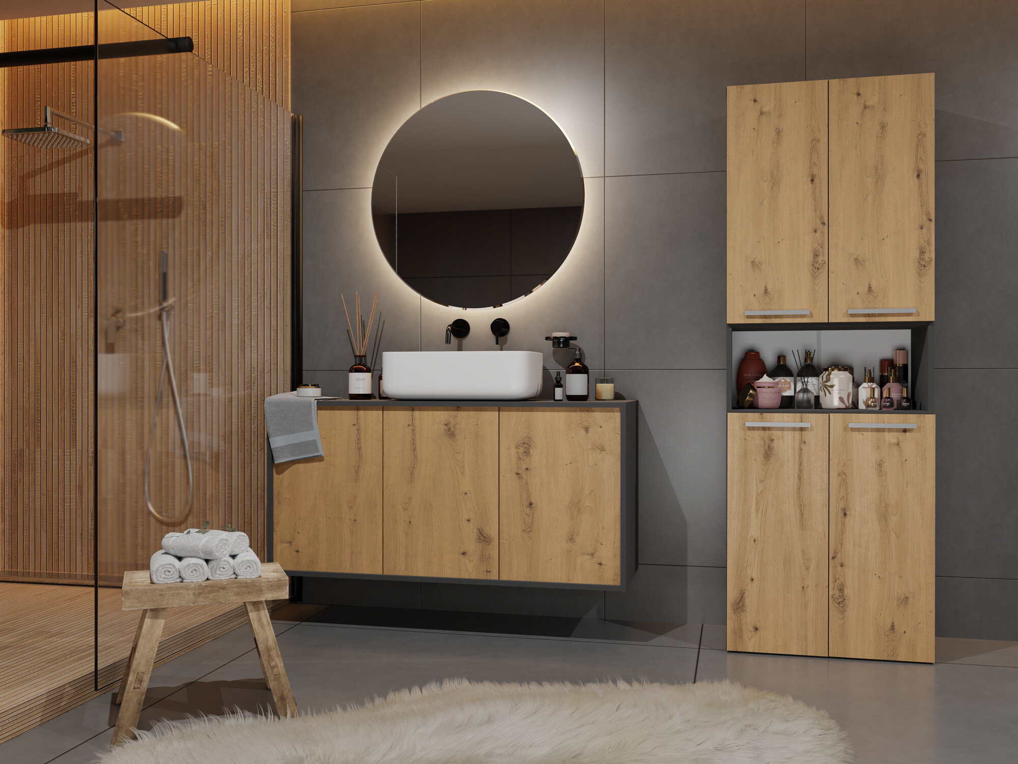 Samostojeći kupaonski ormarić Nolmaru 103 (Antracit + Hrast Artisan)