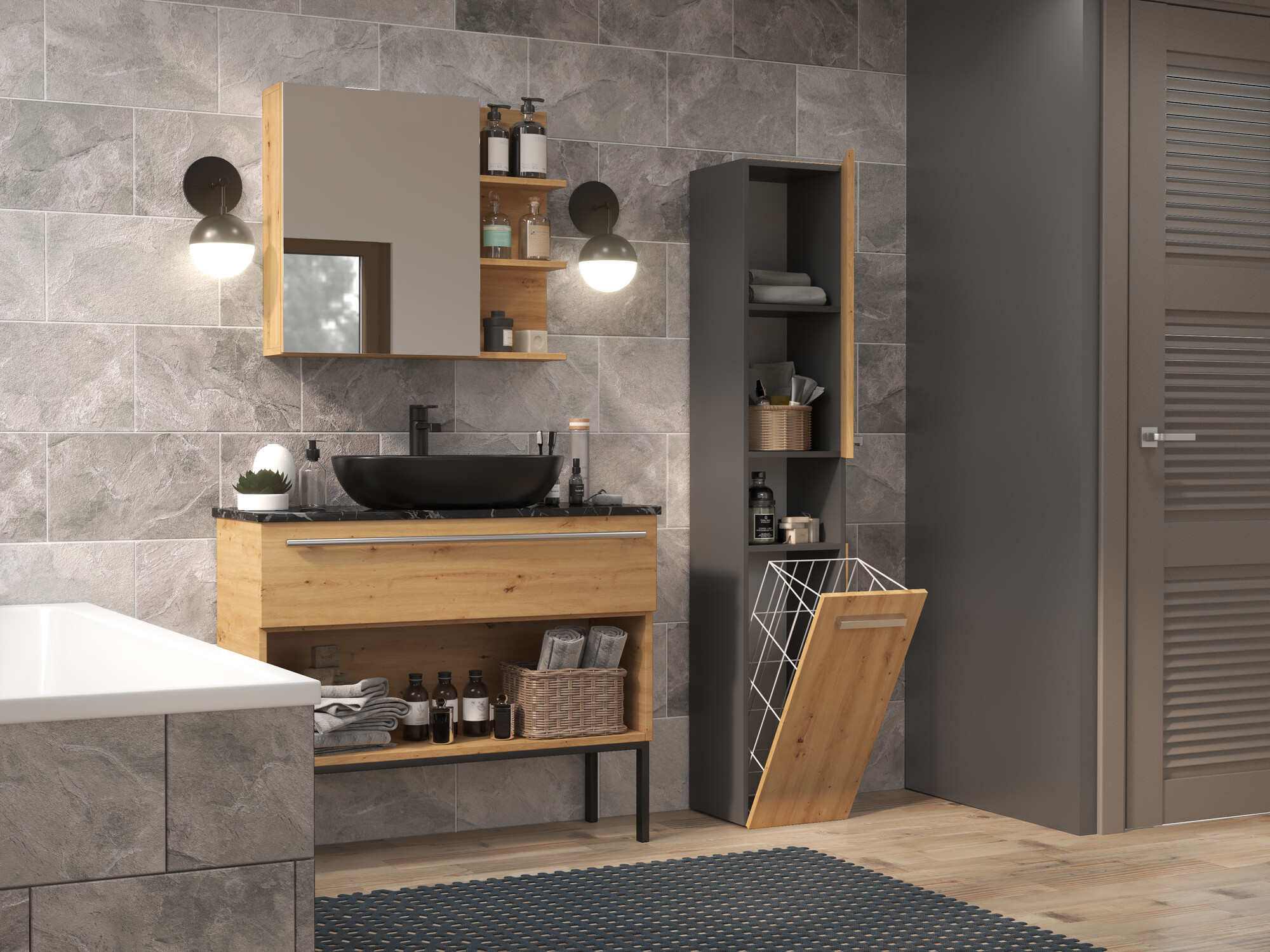 Samostojeći kupaonski ormarić Nolmaru 106 (Antracit + Hrast Artisan)