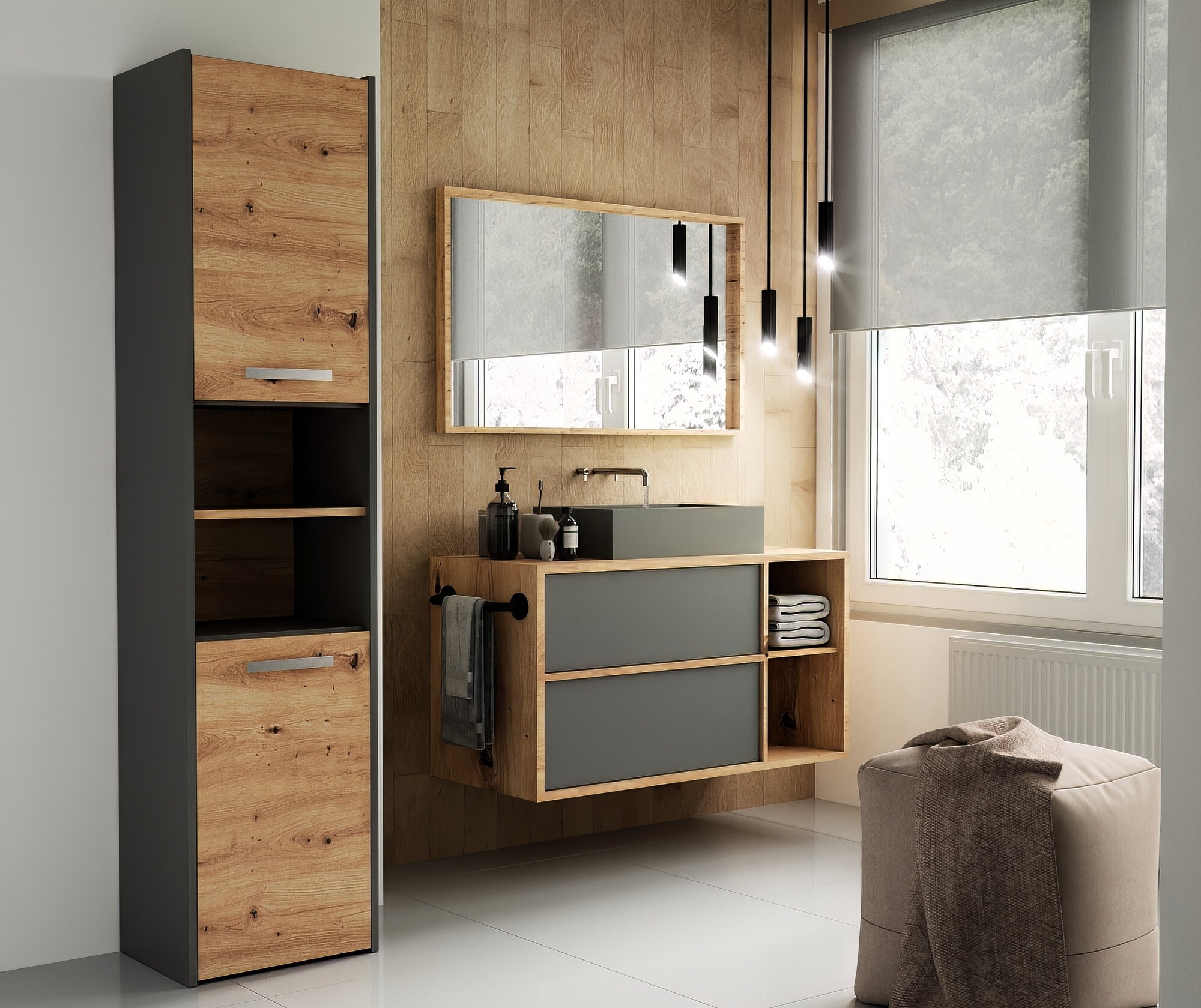 Samostojeći kupaonski ormarić Mandeville 250 (Antracit + Hrast Artisan)