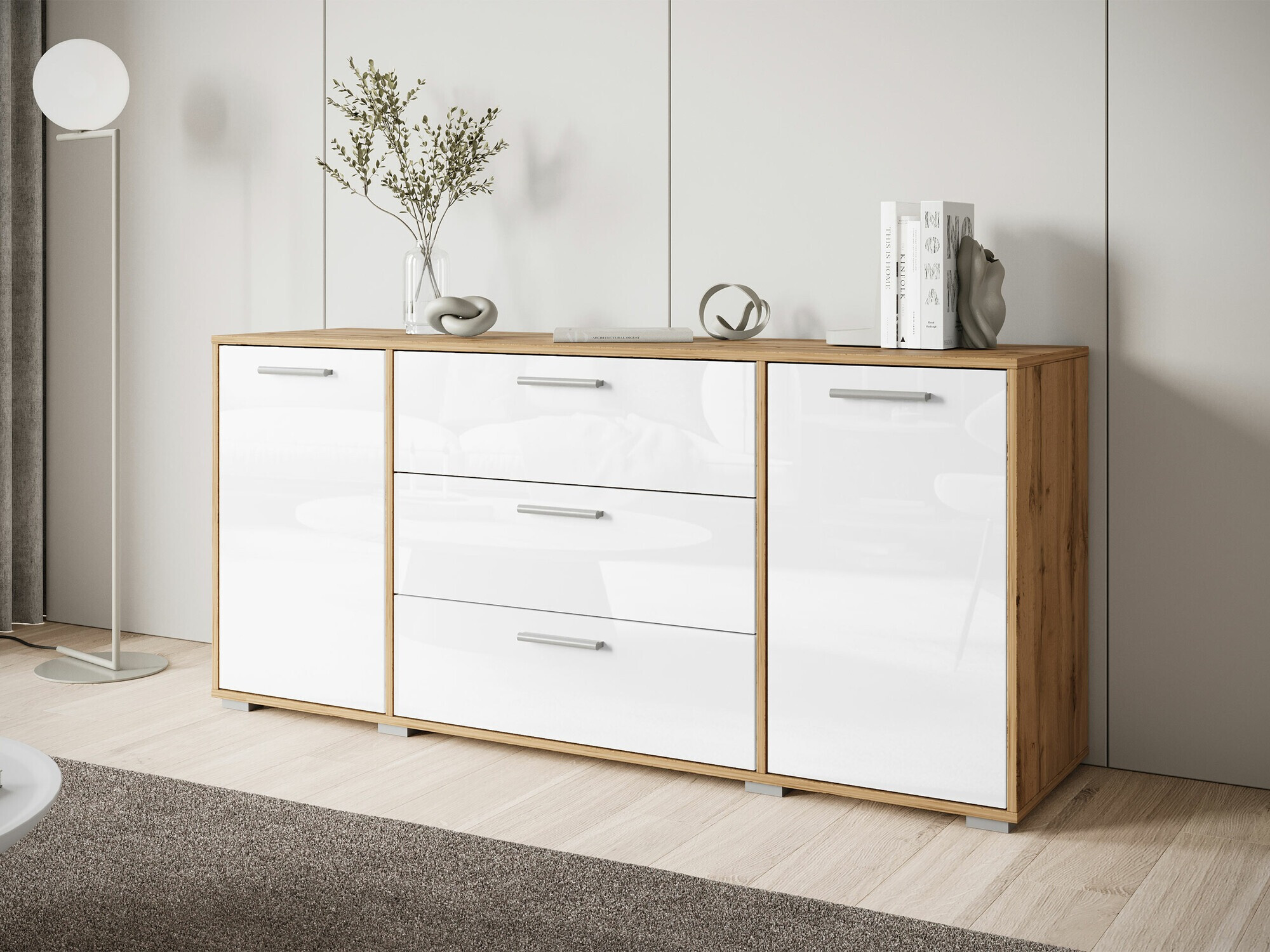 Komoda Sarasota 174 (Hrast Wotan + Sjajno bijela)