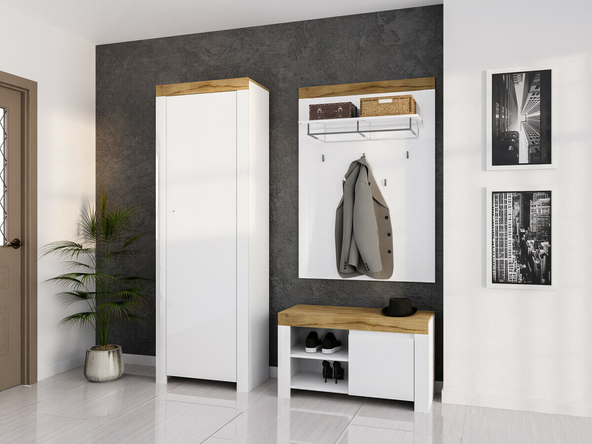 Ormarić za cipele Sonsoru 118 (Bijela + Sjajno bijela + Hrast Wotan)