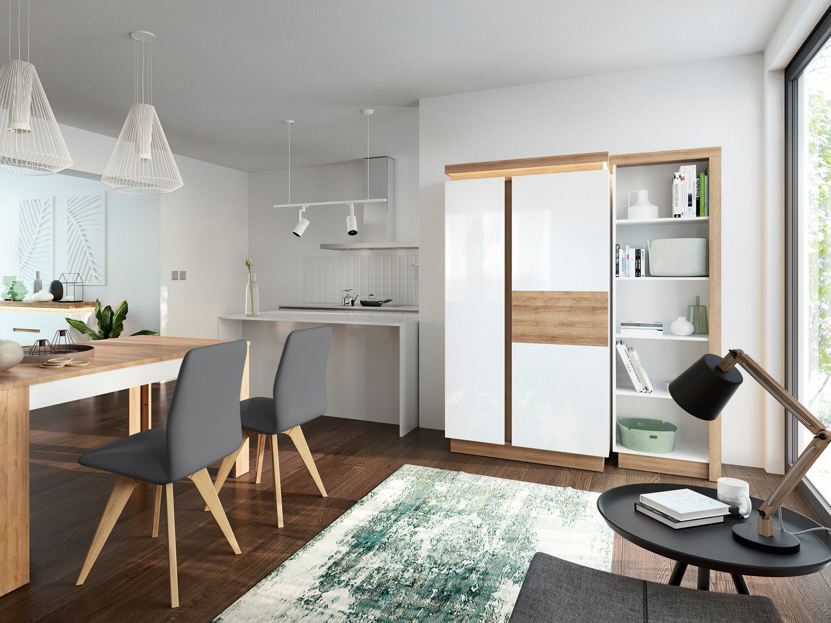 Ormar Feldeli 106 (Riviera hrast + Sjajno bijela)