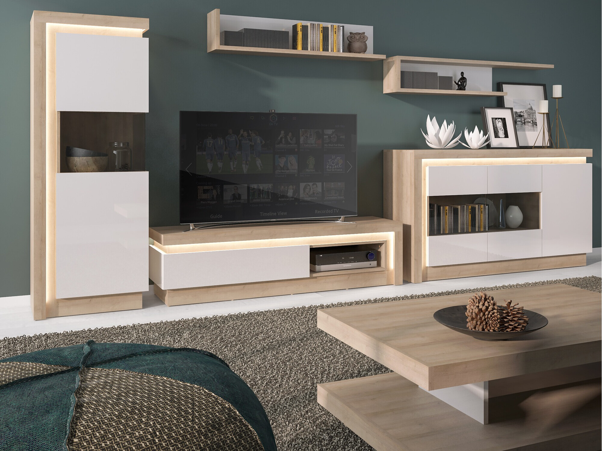 Zidna polica Feldeli 107 (Riviera hrast + Sjajno bijela)