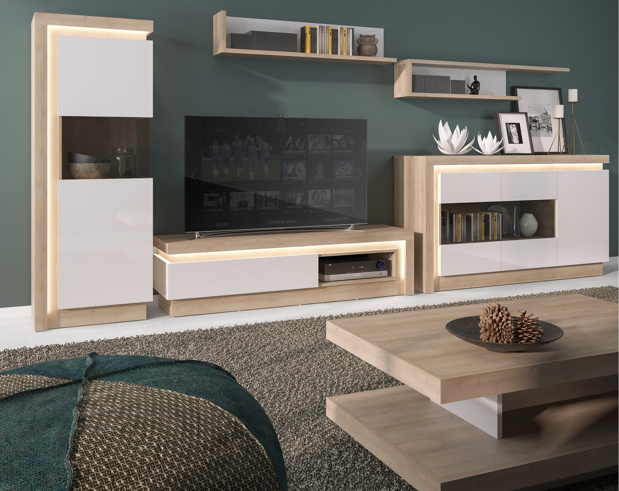 Zidna polica Feldeli 109 (Riviera hrast + Sjajno bijela)