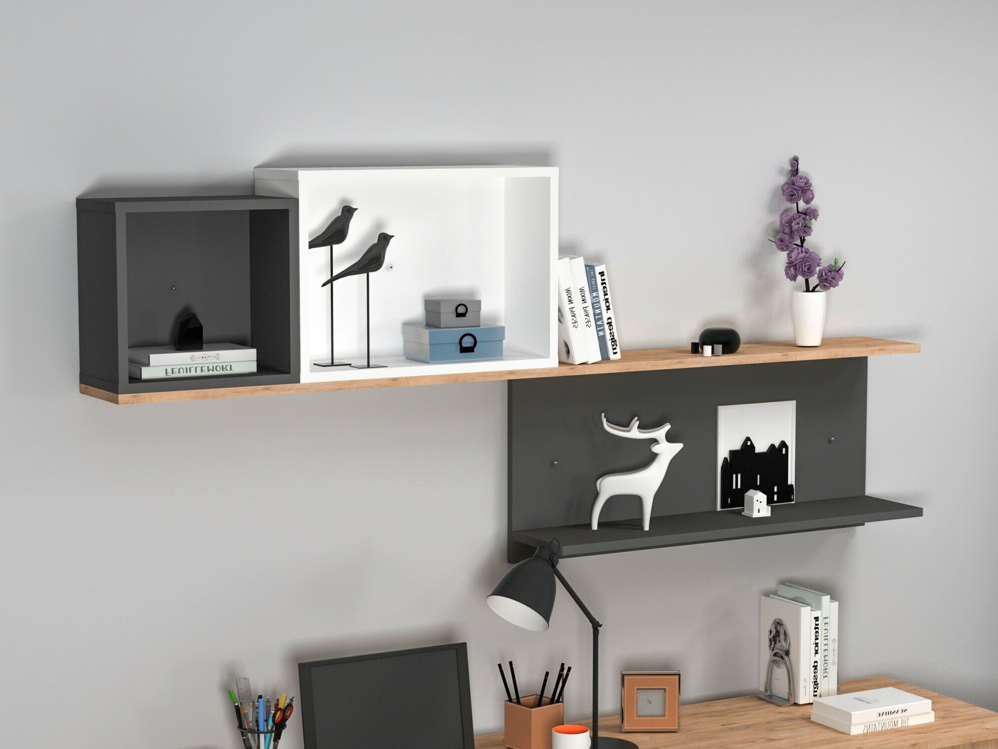 Zidna polica Kailua 2184 (Bijela + Antracit + Bor)