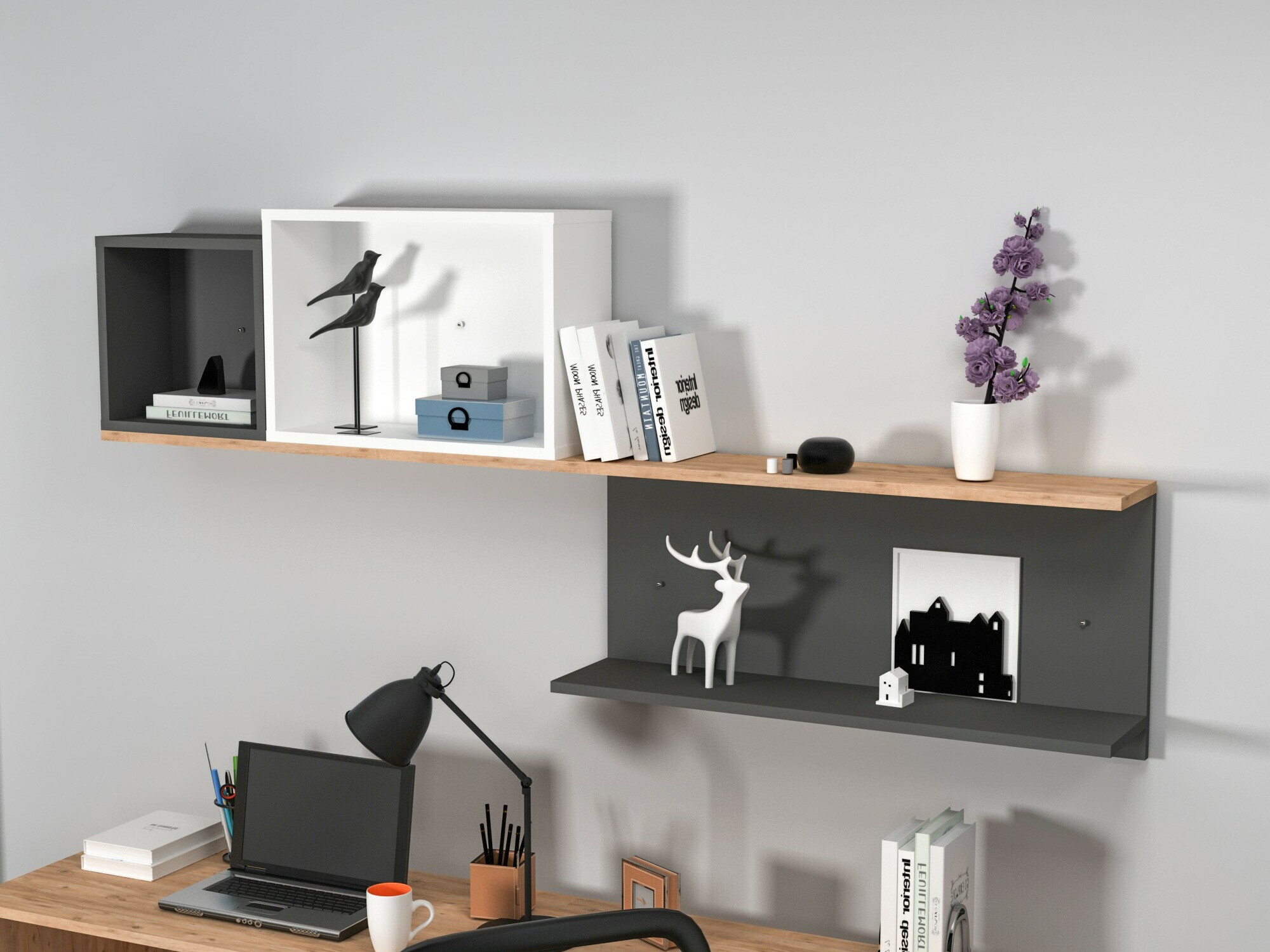 Zidna polica Kailua 2184 (Bijela + Antracit + Bor)