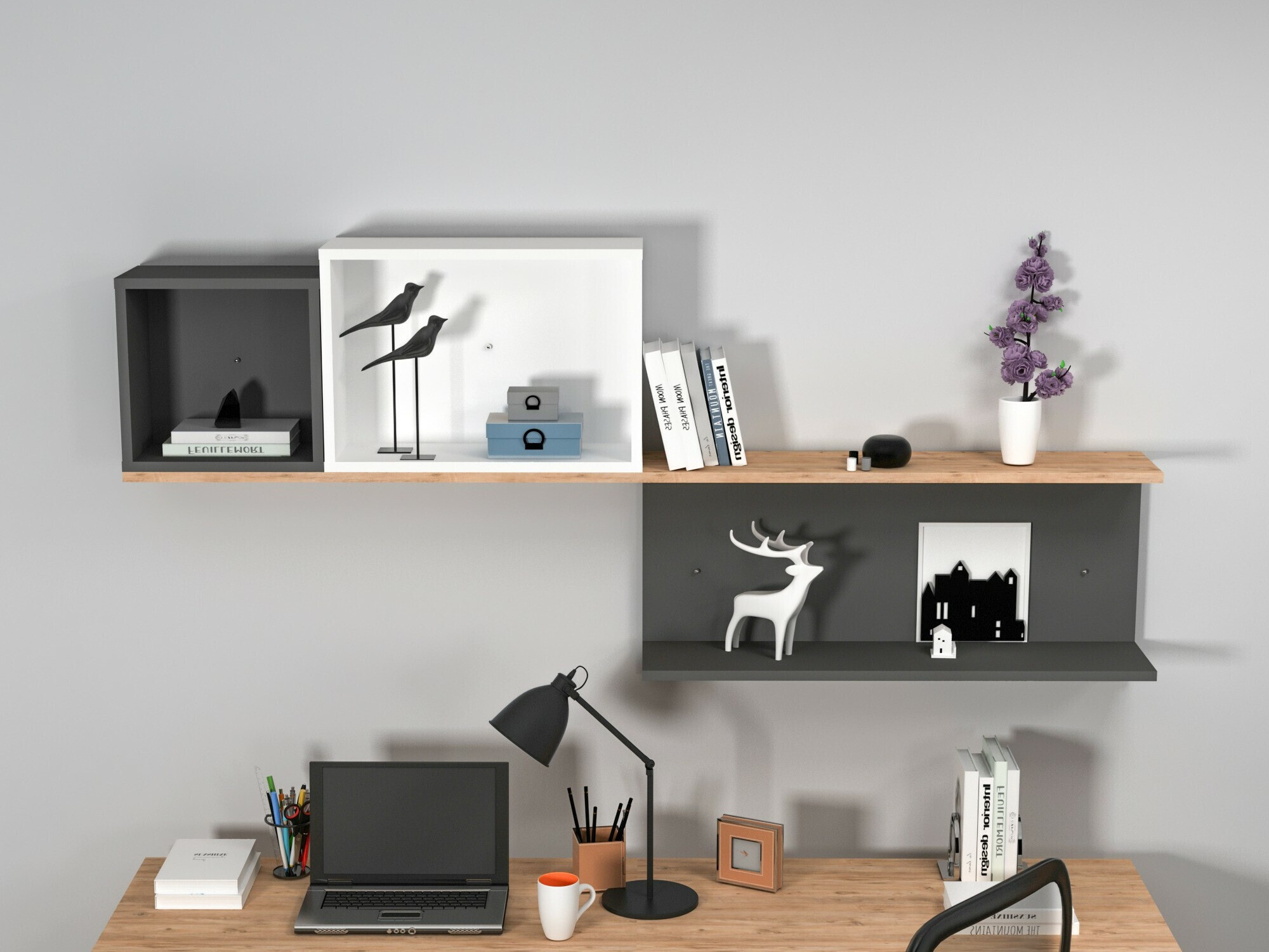 Zidna polica Kailua 2184 (Bijela + Antracit + Bor)