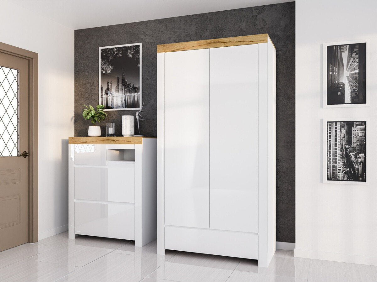 Ormarić za cipele Sonsoru 119 (Bijela + Sjajno bijela + Hrast Wotan)