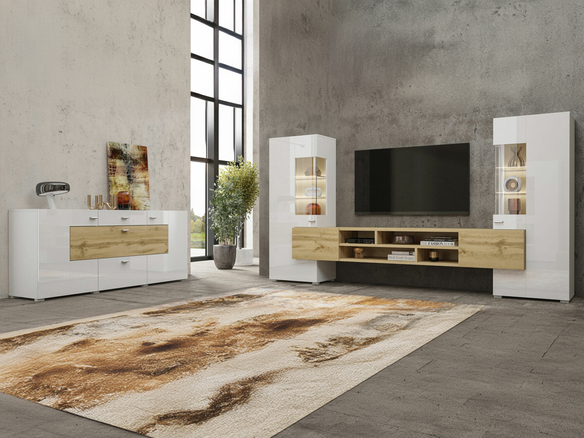 Set za dnevni boravak Mondalo 105 (Hrast Wotan + Sjajno bijela)