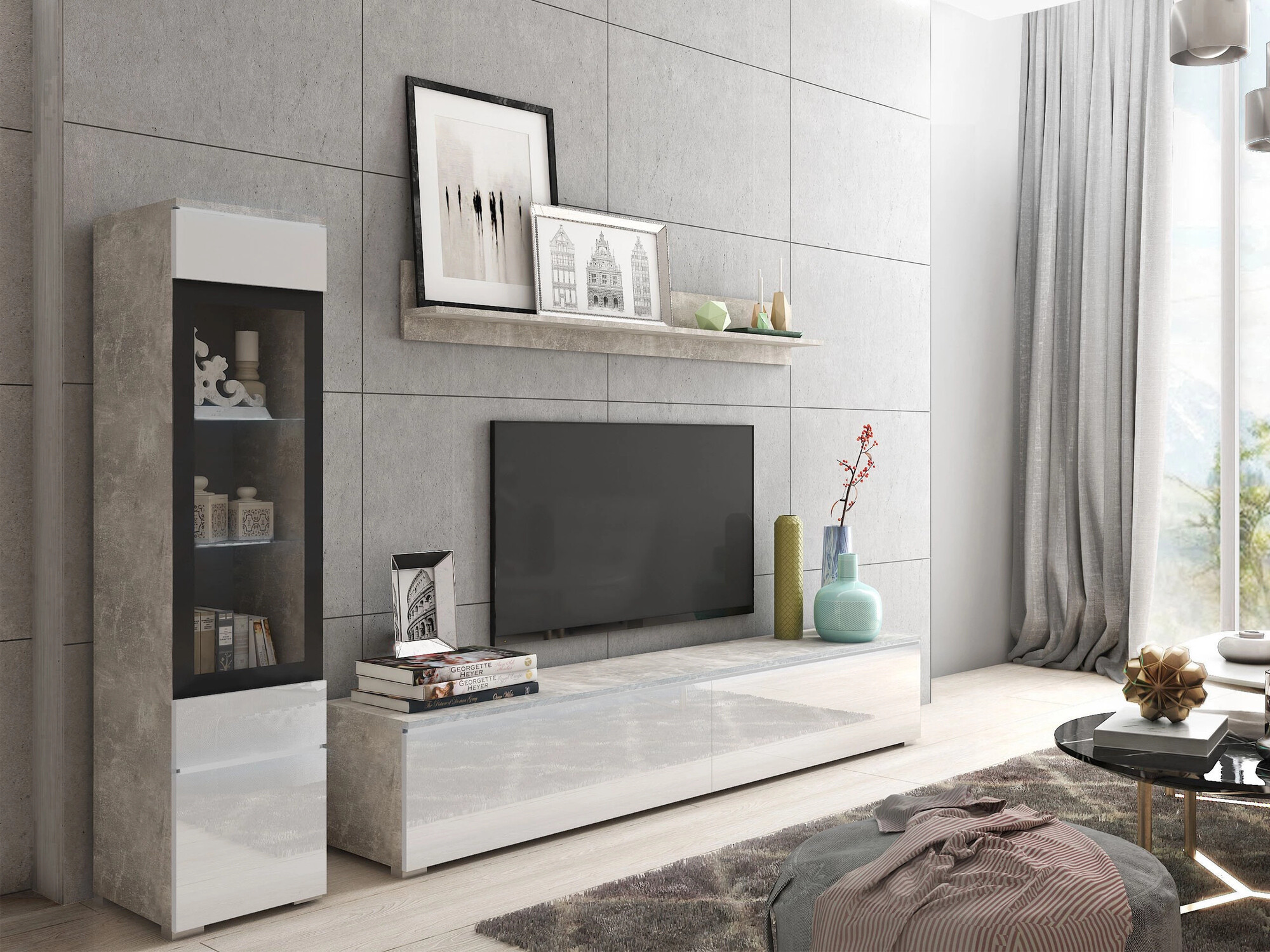 Set za dnevni boravak Sarasota 125 (Boja betona + Sjajno bijela)