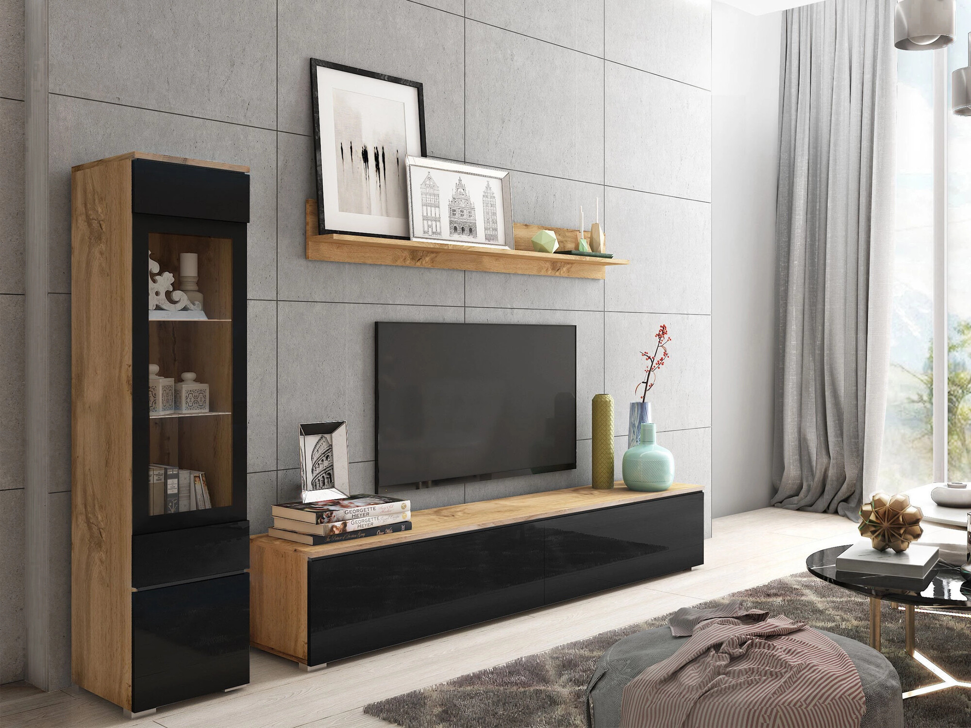 Set za dnevni boravak Sarasota 125 (Hrast Wotan + Sjajno crna)