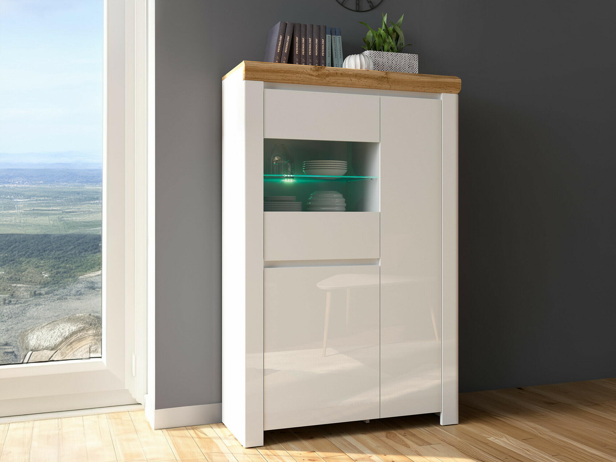 Polica Sonsoru 105 (Bijela + Sjajno bijela + Hrast Wotan)