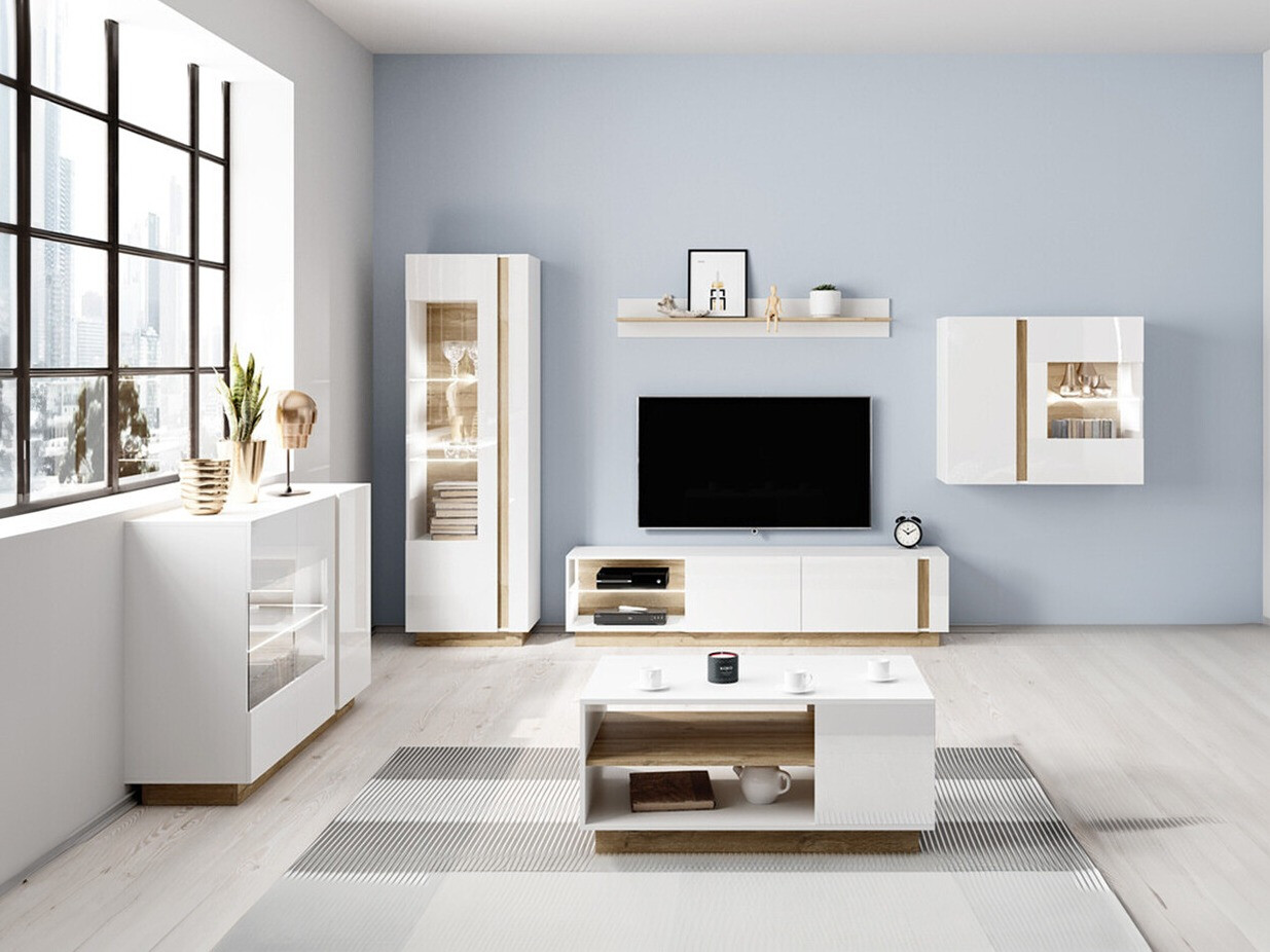 Set za dnevni boravak Novbela 114 (Bijela + Sjajno bijela + Hrast Grandson)