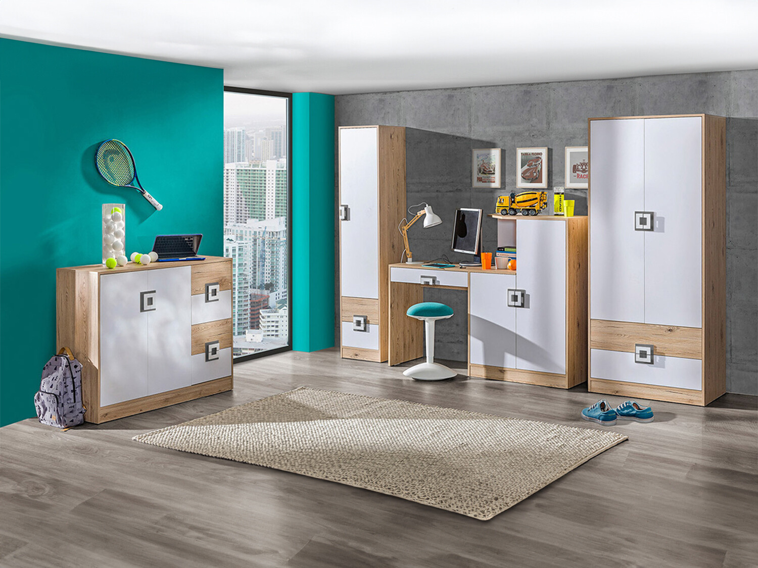 Set za dječju sobu Balvire 114 (Lagani hrast + Bijela + Siva)
