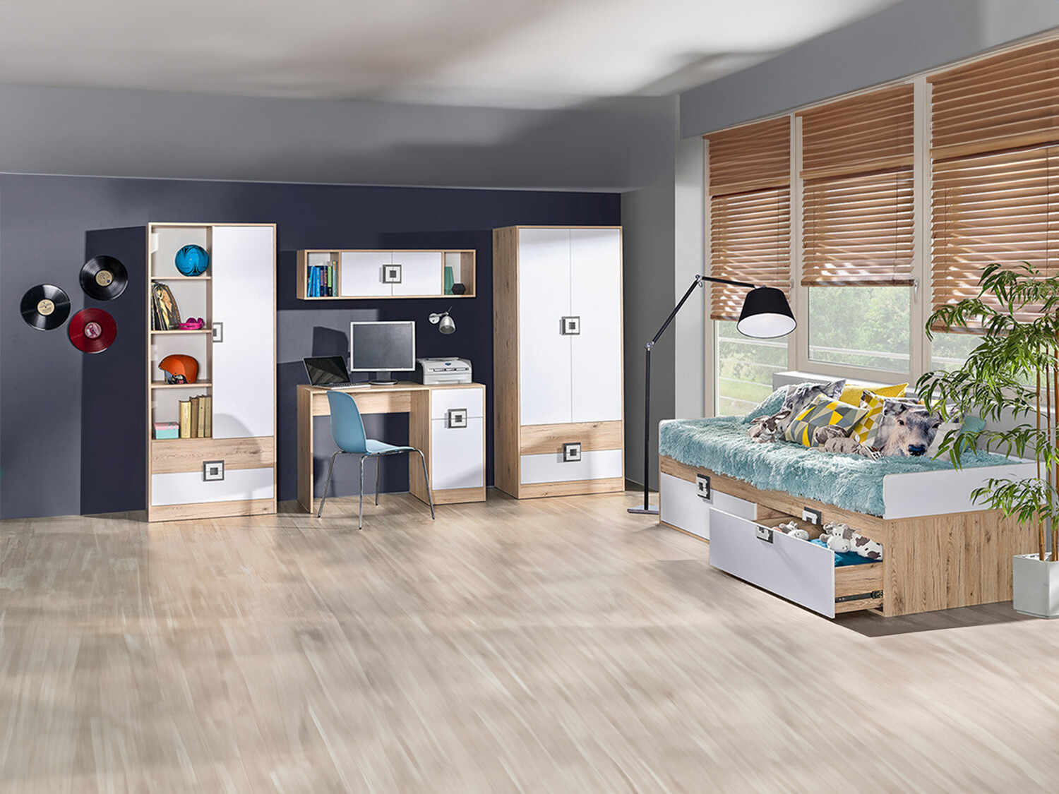 Set za dječju sobu Balvire 116 (Svijetli hrast + Bijela + Siva)