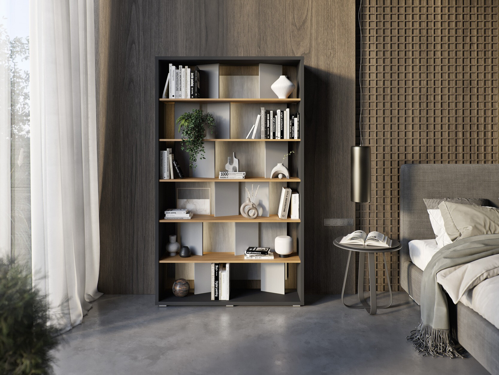 Polica Fresno 154 (Sjajno siva + Grafit + Hrast)