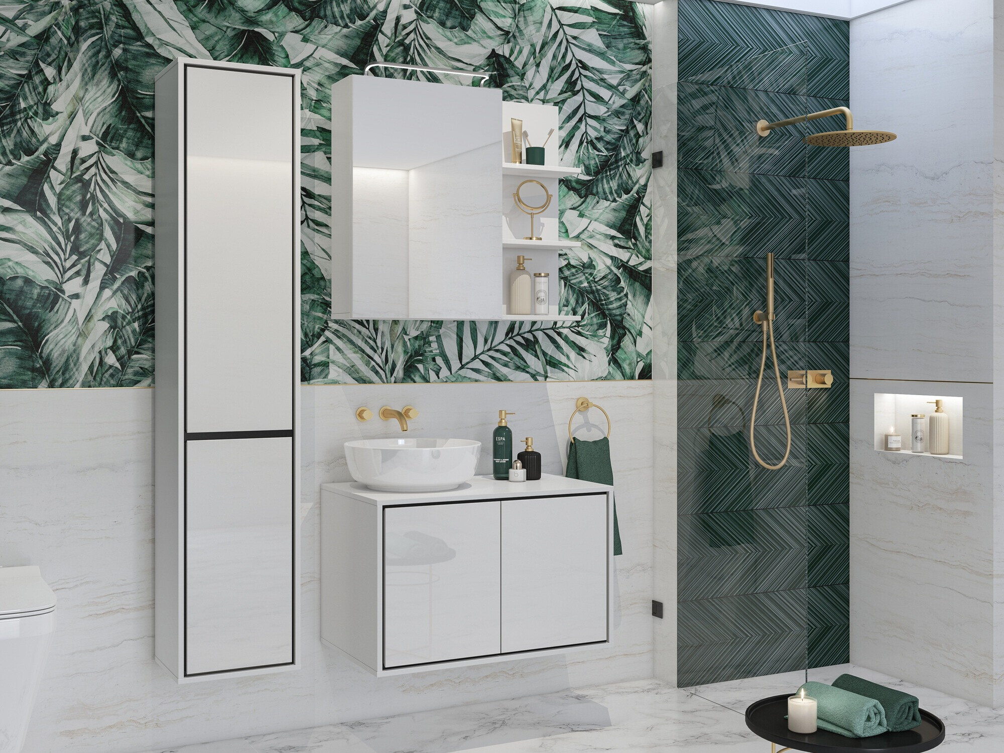 Kupaonski ormarić s ogledalom Tecavu 102 (Sjajno bijela + Bijela)