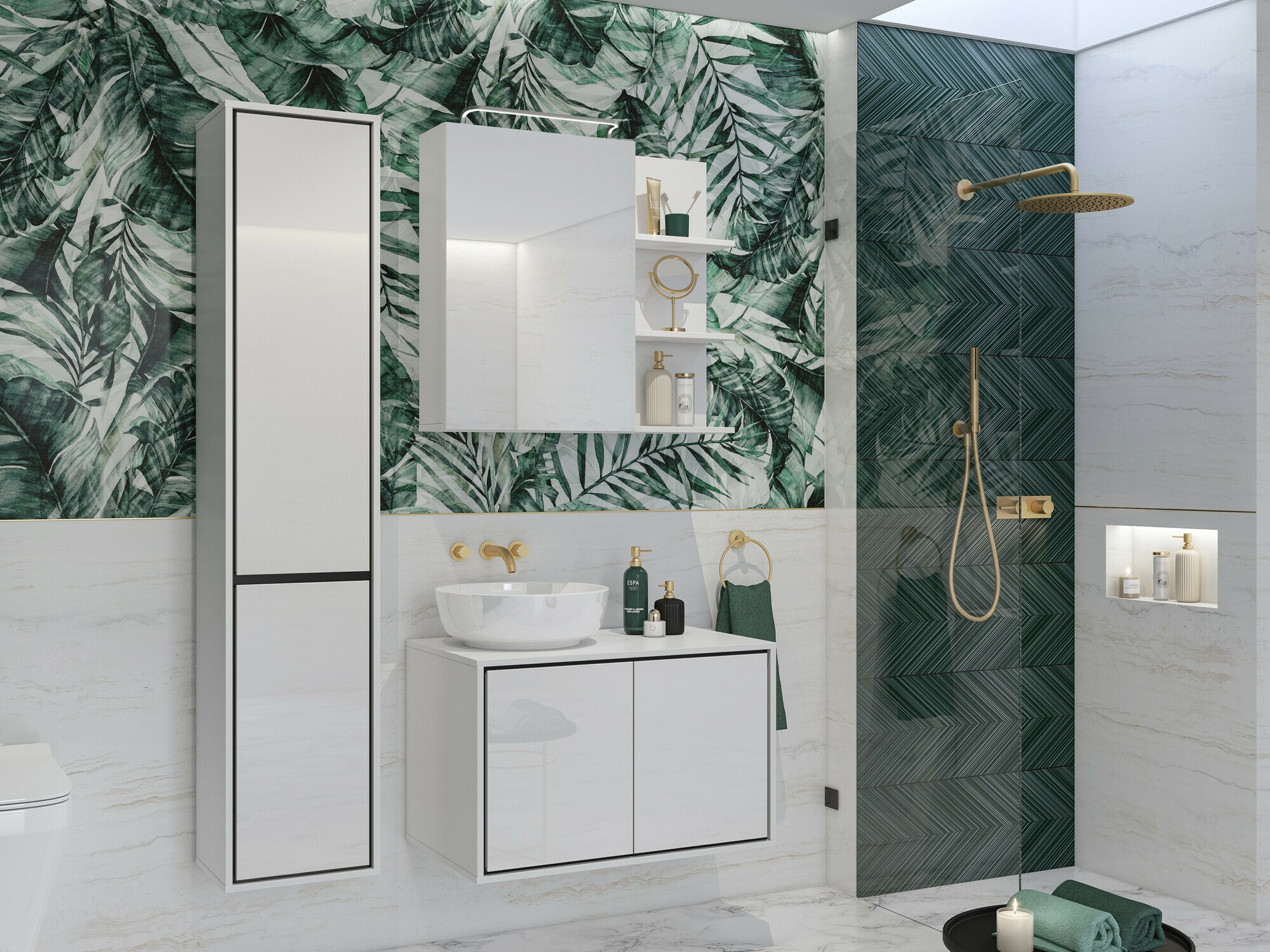 Zidni ormarić za umivaonik Tecavu 103 (Sjajno bijela + Bijela)