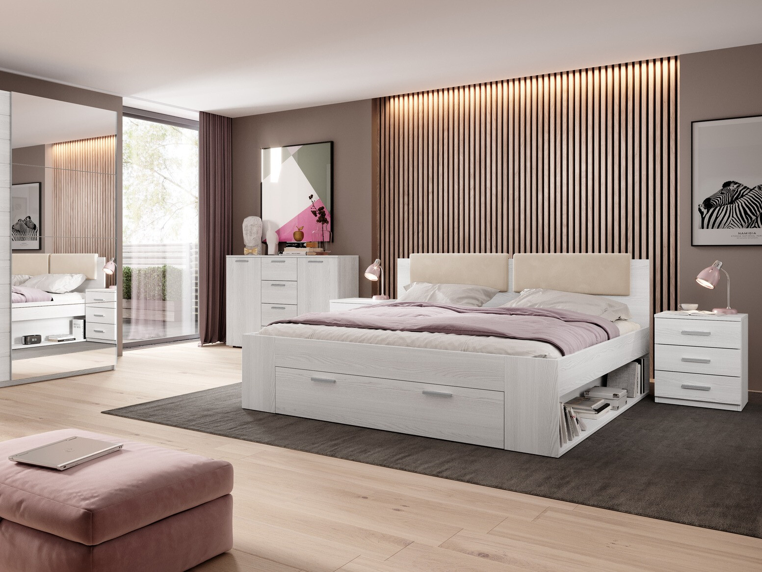 Krevet Levruvu 106 (Izbijeljeni jasen + Bež)