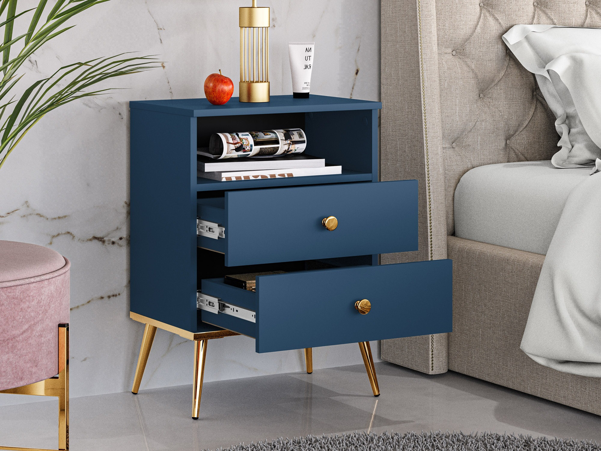 Noćni ormarić Flonovu 111 (Tamno plava + Zlatna)