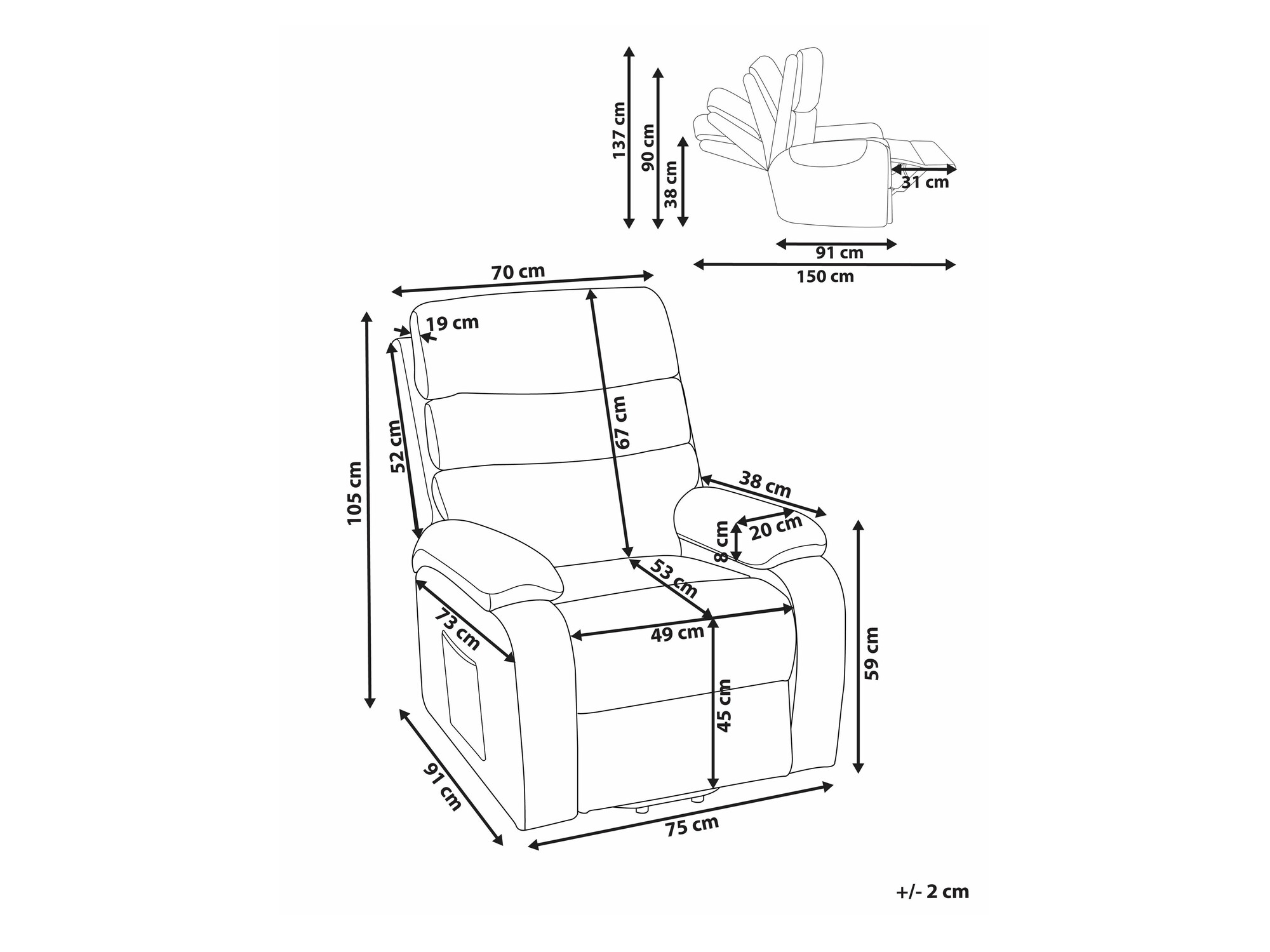 Podesiva fotelja Berwyn 2299 (Svijetlo smeđa)
