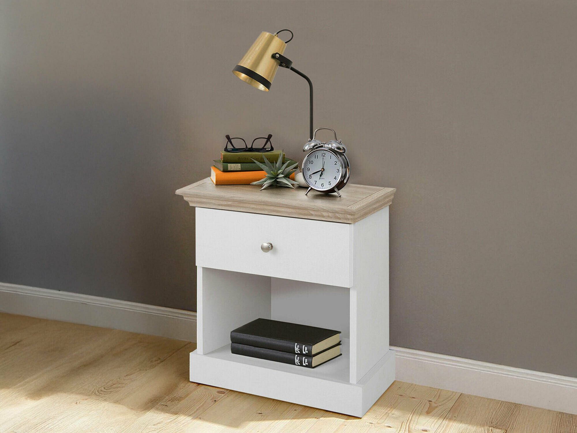 Noćni ormarić Lirveri 111 (Bijela + Svijetli hrast)