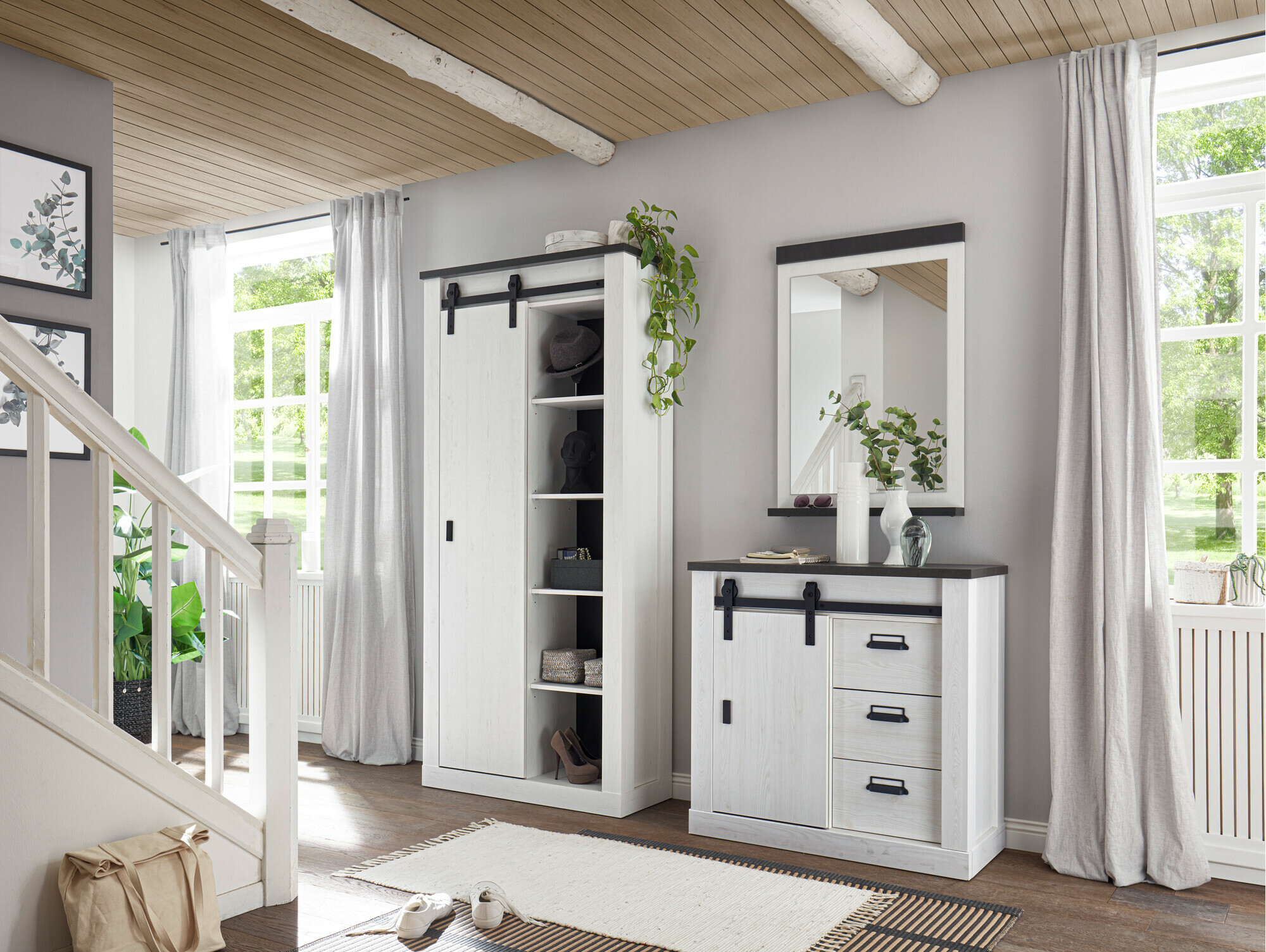 Set za hodnik Cirtale 129 (Izbijeljeni bor + Antrahite)