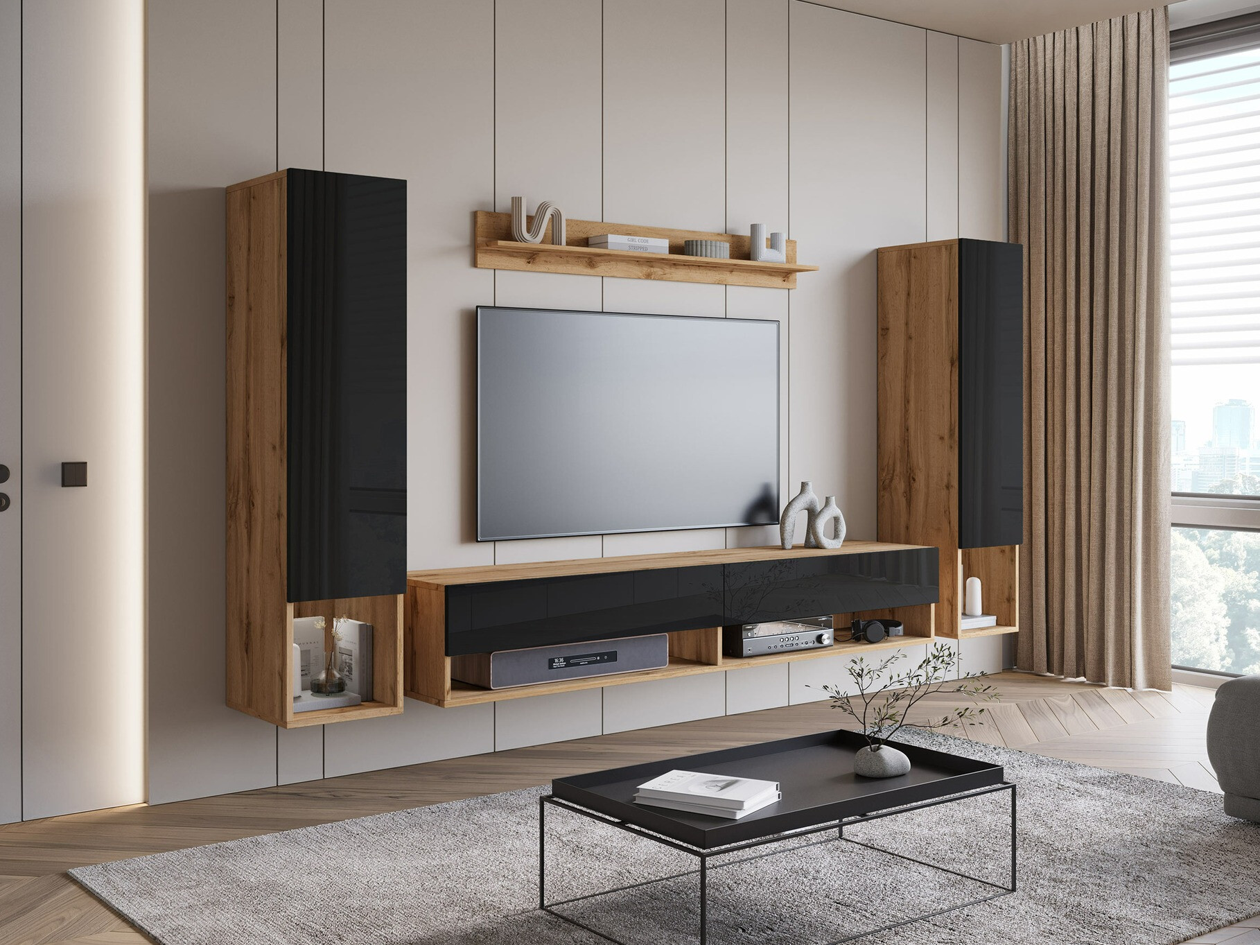 Set za dnevni boravak Sarasota 176 (Hrast Wotan + Sjajno crna)