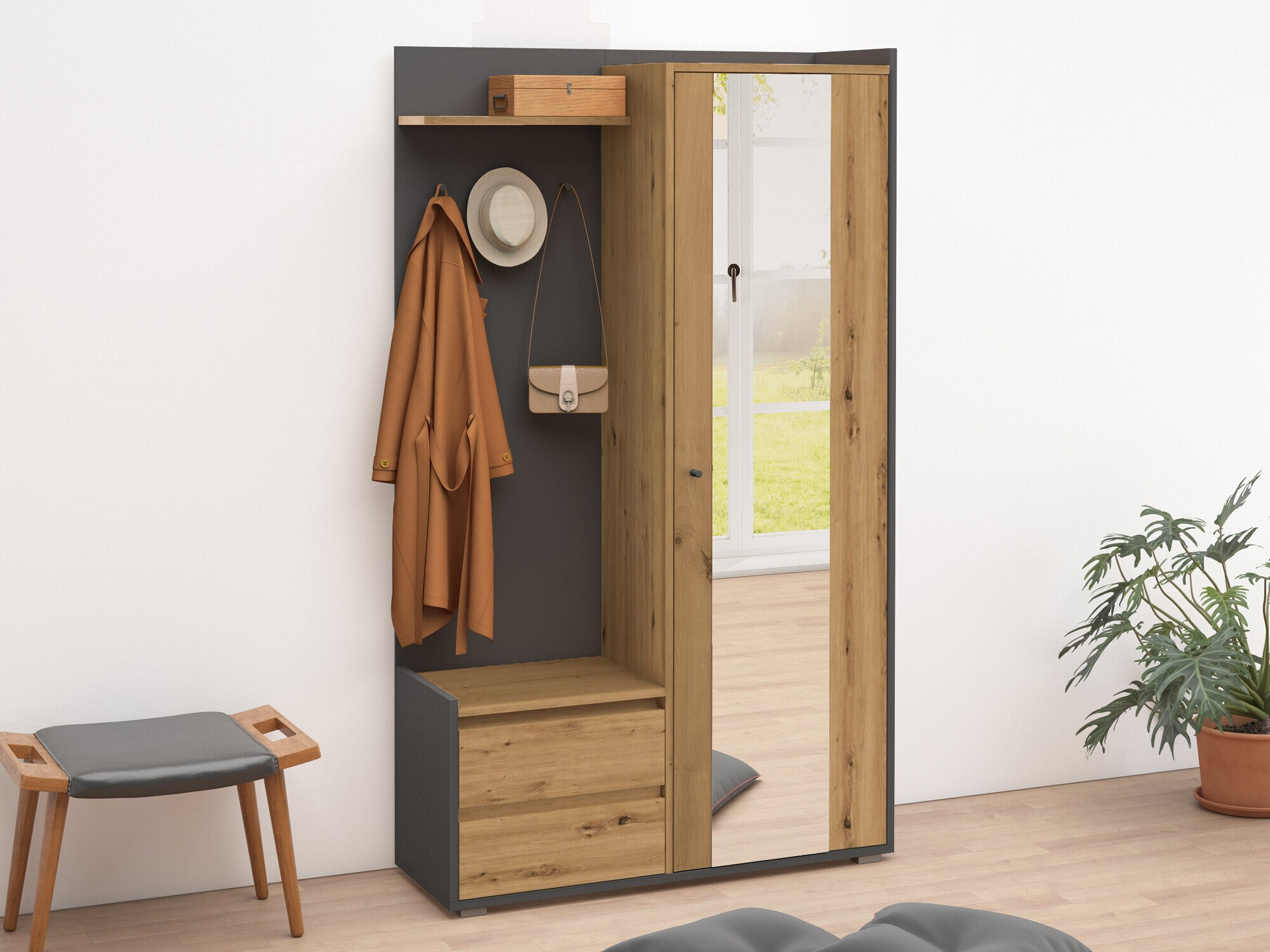 Set za hodnik Denton 1446 (Antracit + Hrast)