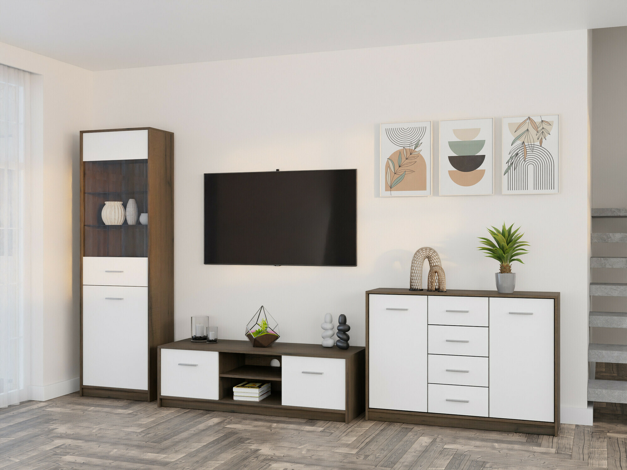 Set za dnevni boravak Novsore 162 (Tamni hrast + Bijela)