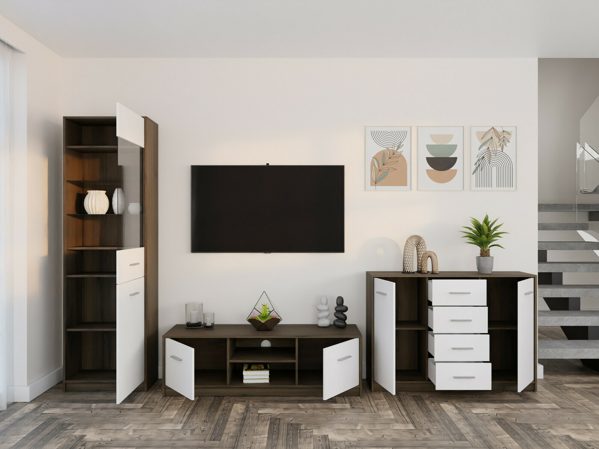 Set za dnevni boravak Novsore 162 (Tamni hrast + Bijela)