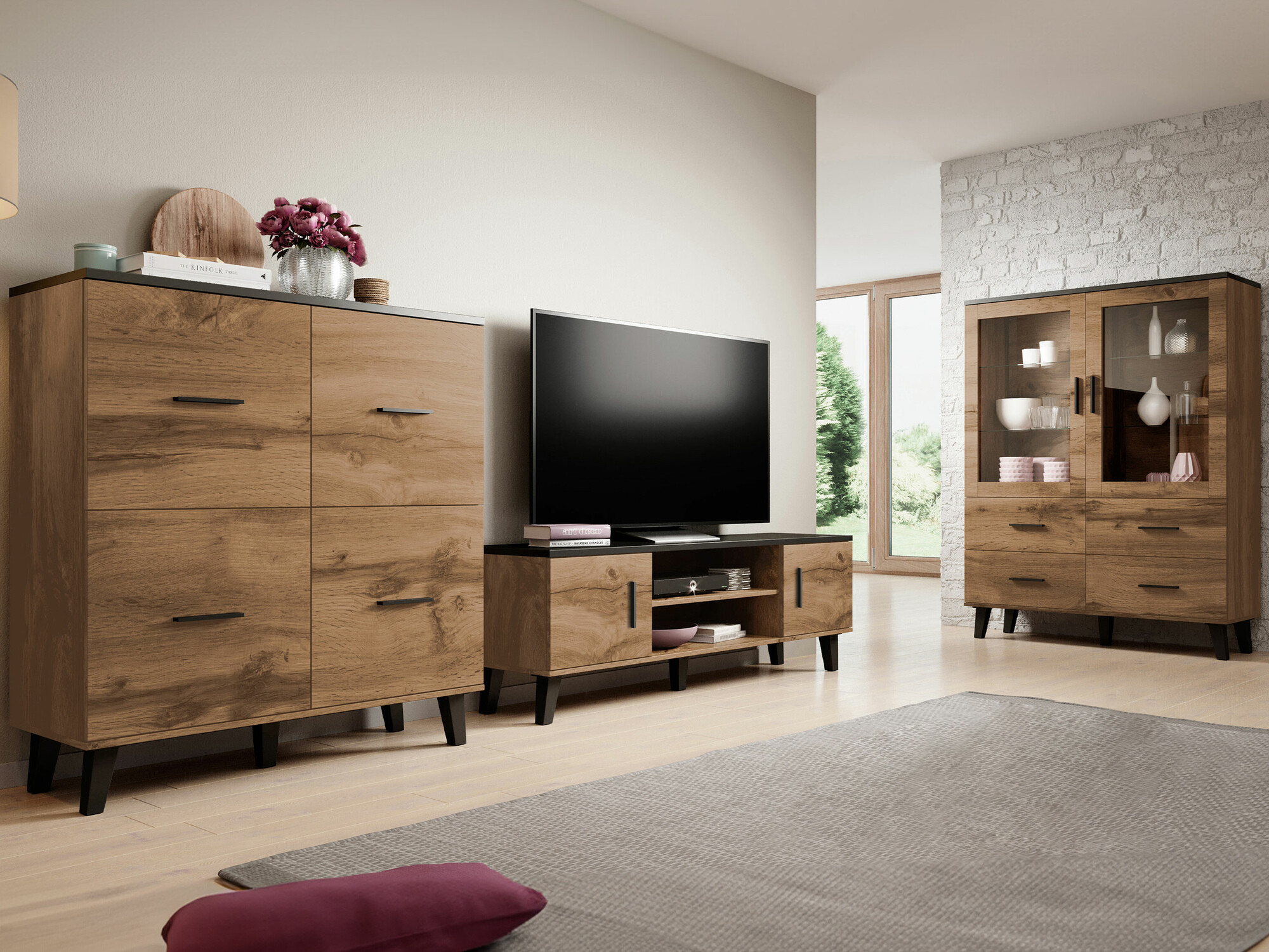 Set za dnevni boravak Larfloi 113 (Hrast Wotan + Crna)