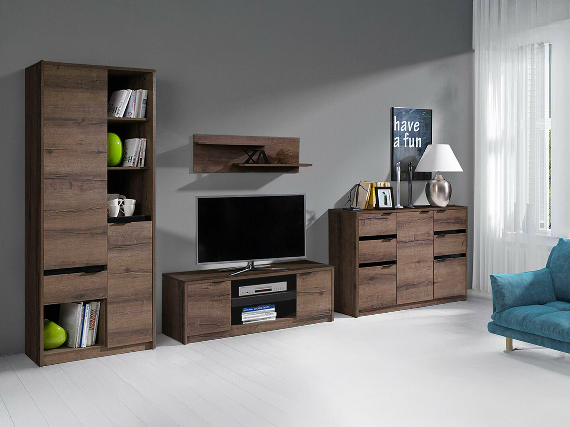 Set za dnevni boravak Fivelbo 117 (Hrast Monastery + Sjajno crna)