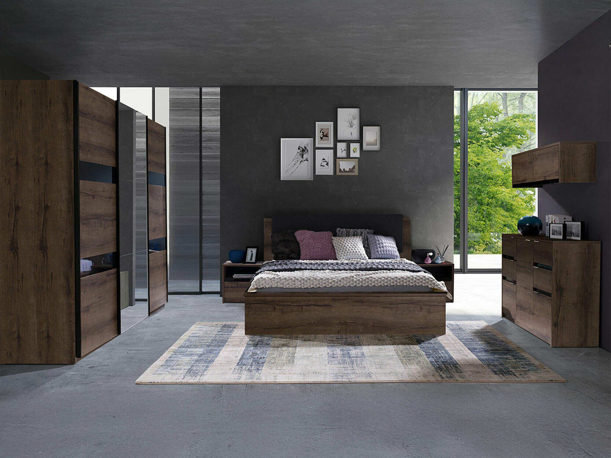 Set za spavaću sobu Fivelbo 120 (Monastery hrast + Sjajno crna)