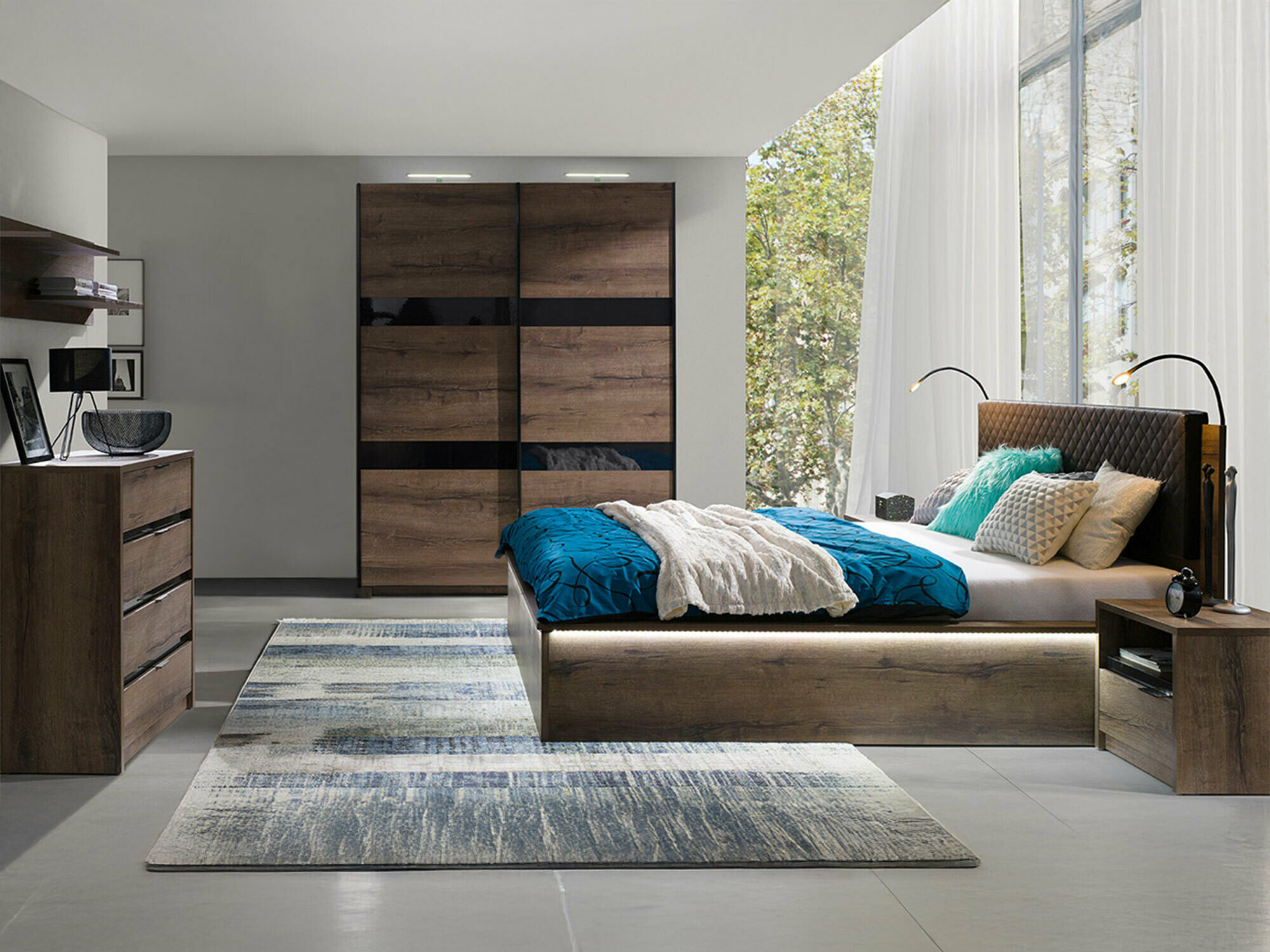 Set za spavaću sobu Fivelbo 121 (Hrast Monastery + Sjajno crna)