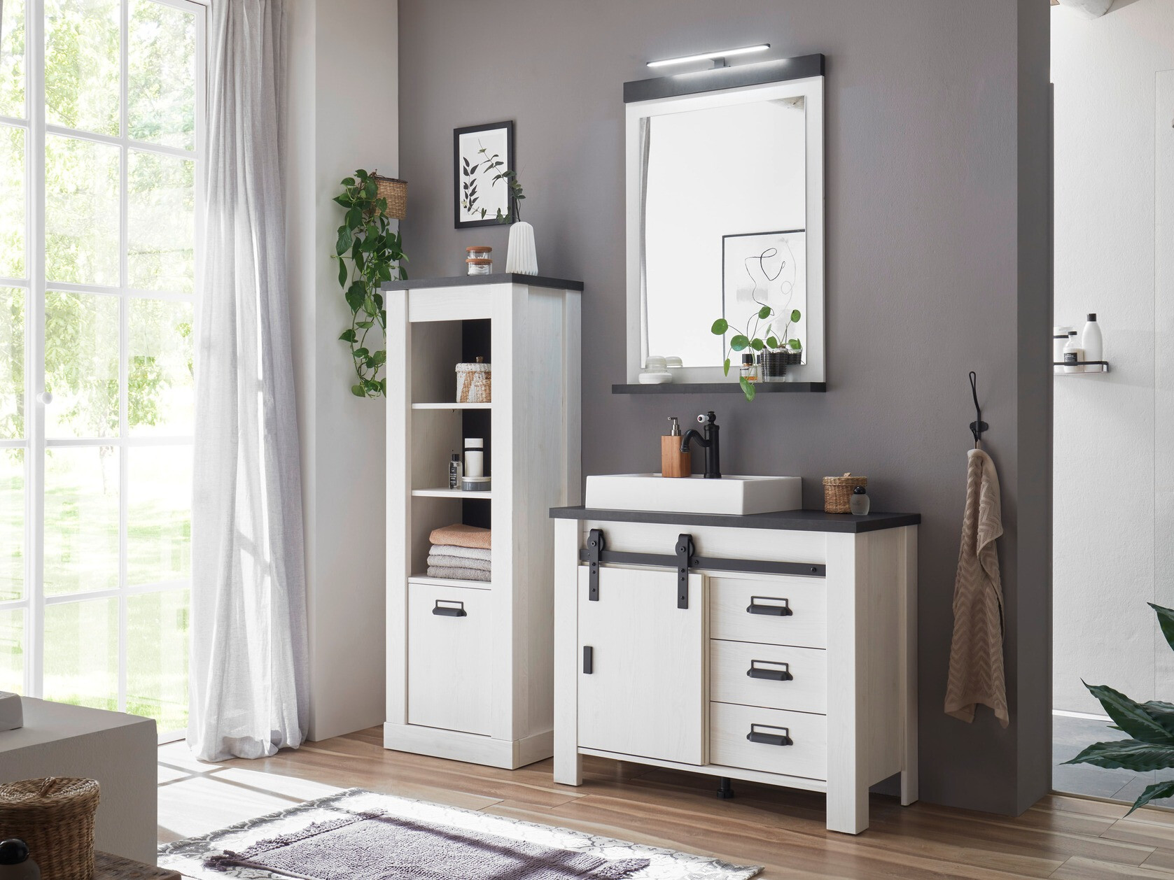 Samostojeći kupaonski ormarić za umivaonik Cirtale 133 (Izbijeljeni bor + Antracit)