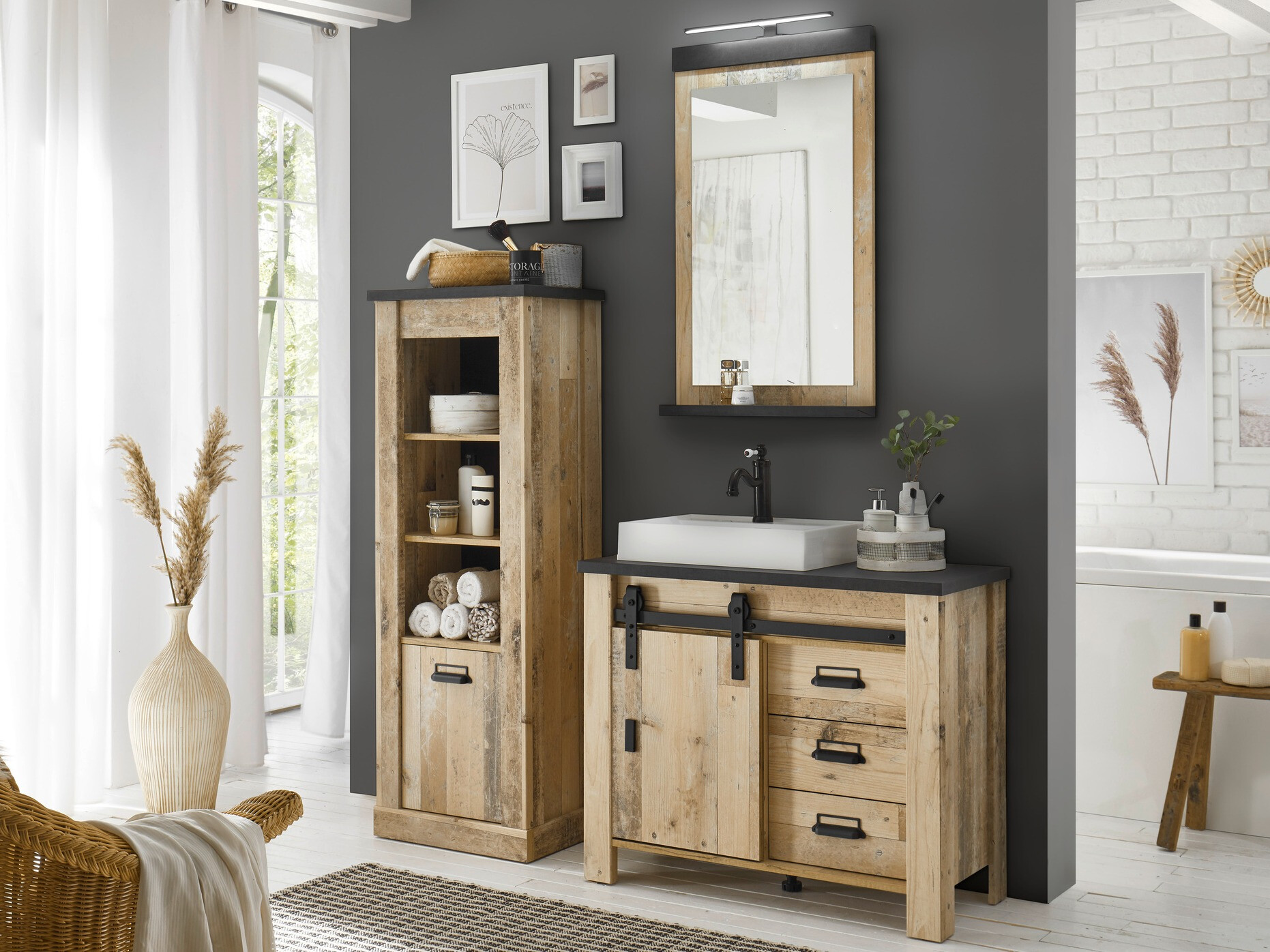 Samostojeći kupaonski ormarić za umivaonik Cirtale 133 (Starinsko drvo + Antracit)