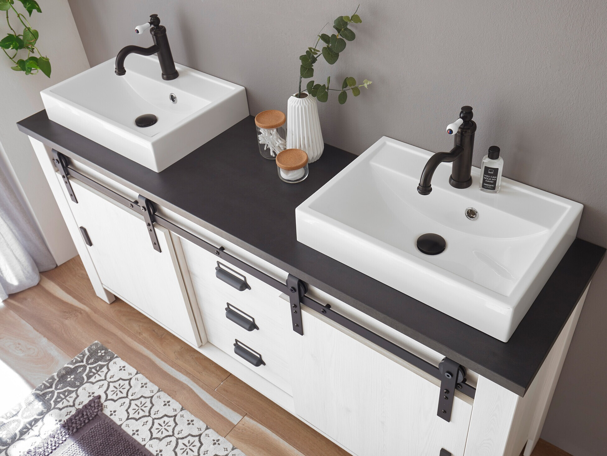 Samostojeći kupaonski ormarić za umivaonik Cirtale 134 (Izbijeljeni bor + Antracit)