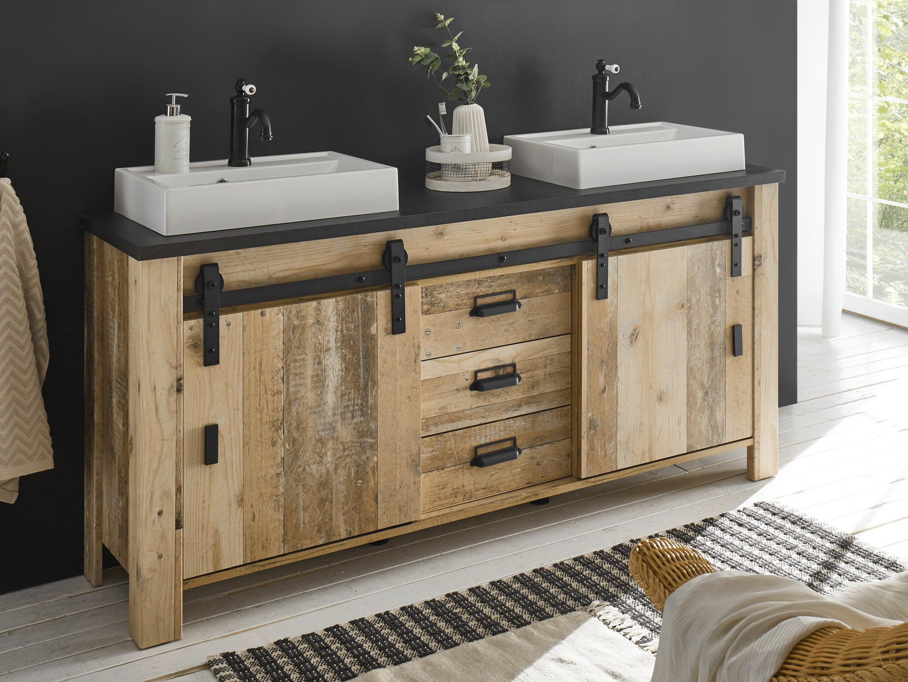 Samostojeći kupaonski ormarić za umivaonik Cirtale 134 (Starinsko drvo + Antracit)