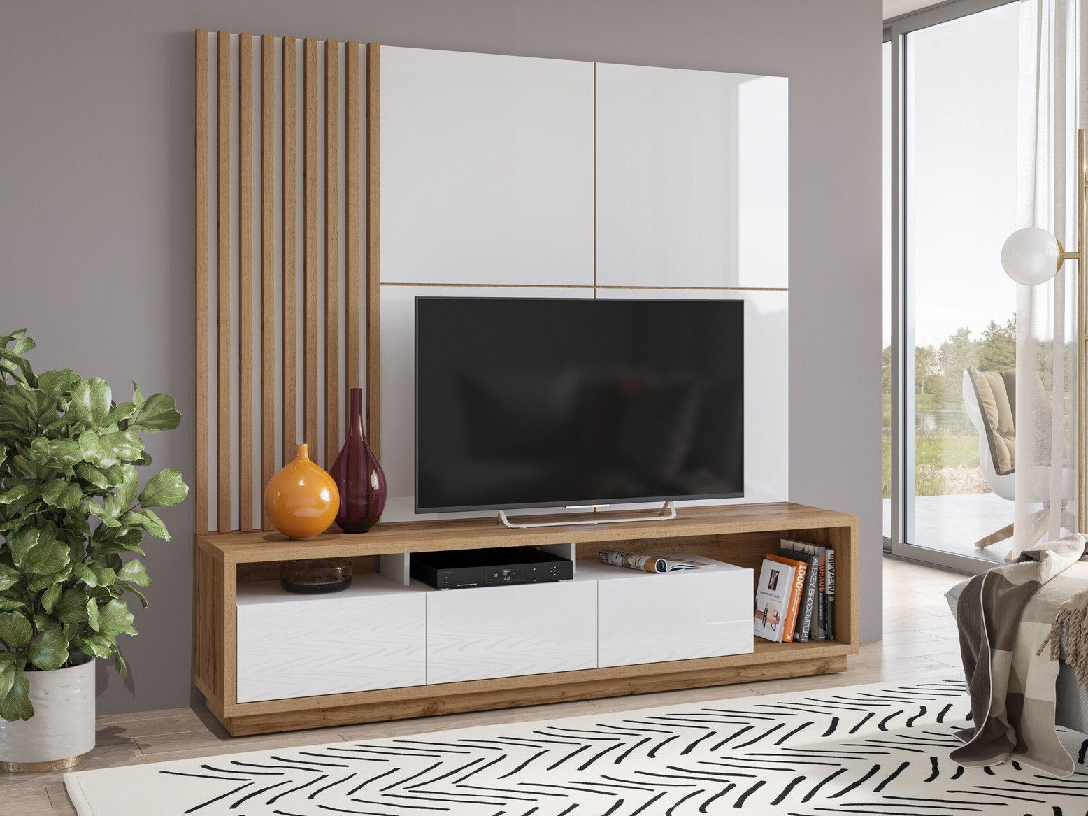 Set za dnevni boravak Austin 360 (Hrast Wotan + Bijela + Sjajno bijela)