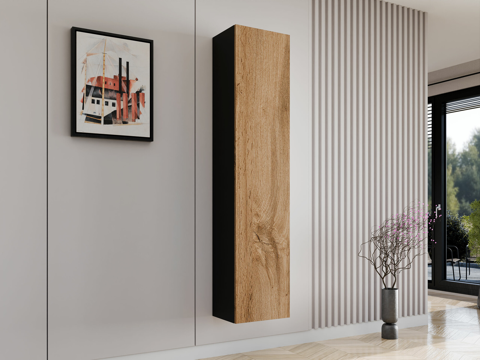 Zidna polica Venenou 128 (Crna + Wotan hrast)