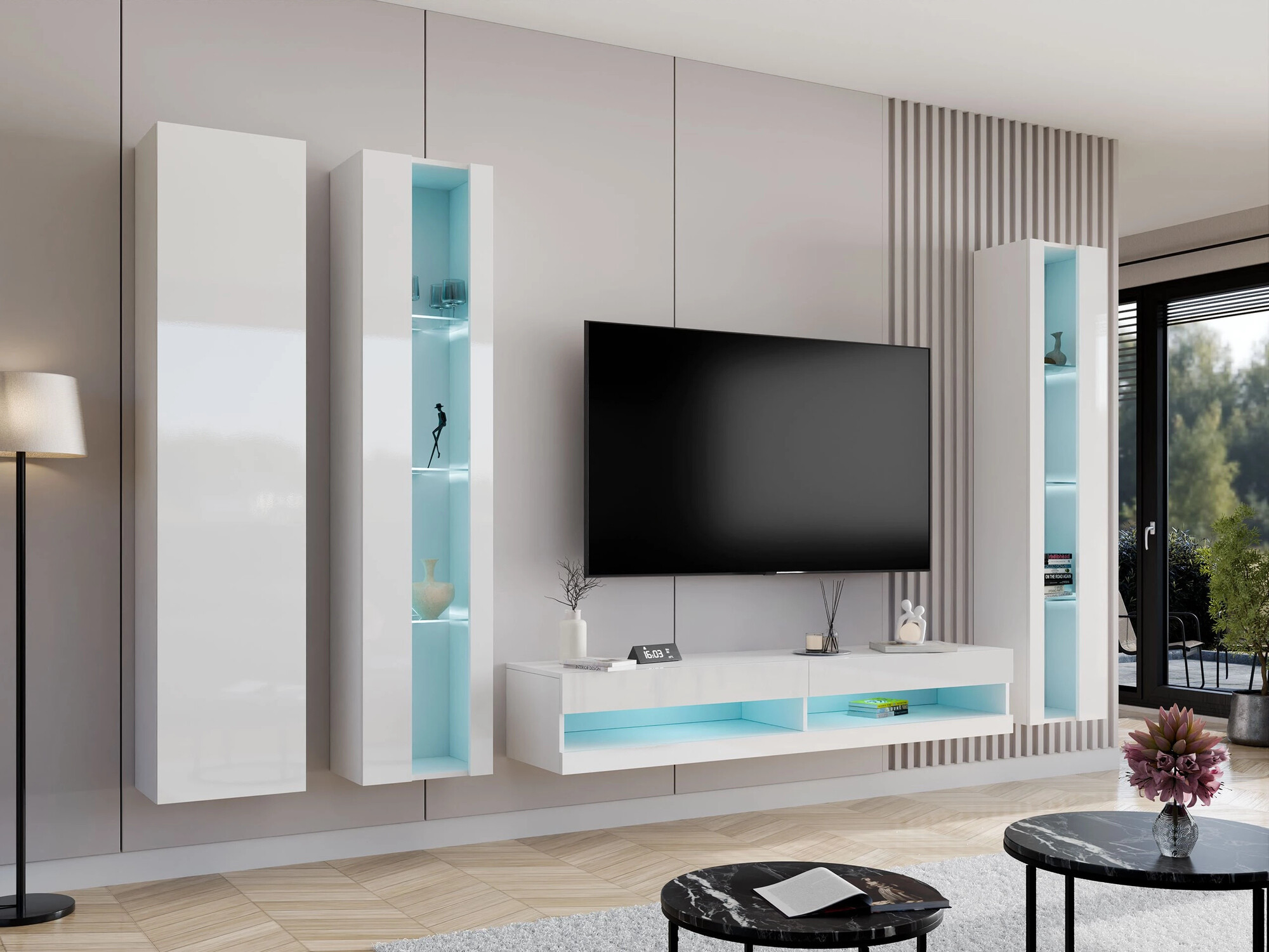 Zidna polica Vilrin V (Bijela + Sjajno bijela)