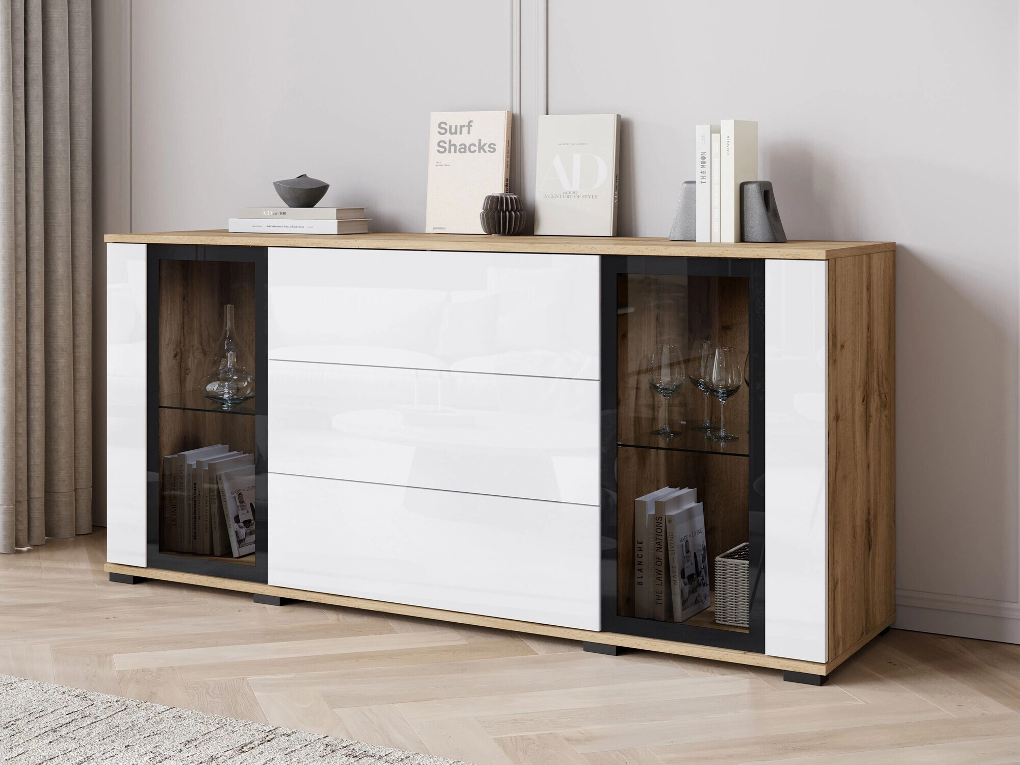 Komoda Torcame 101 (Hrast Wotan + Sjajno bijela)